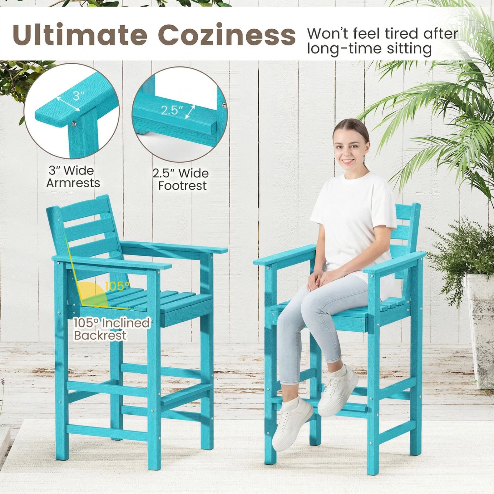 SUGIFT Set of 2 Turquoise HDPE Adirondack Bar Chairs, 29-in Seat, Footrest