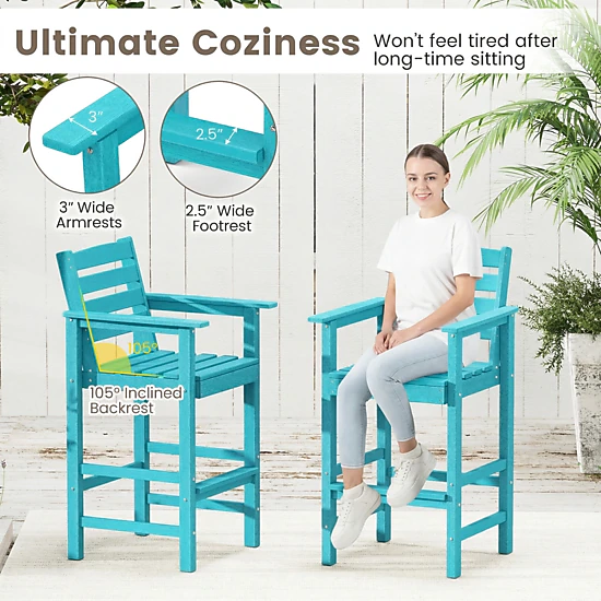 SUGIFT Set of 2 Turquoise HDPE Adirondack Bar Chairs, 29-in Seat, Footrest