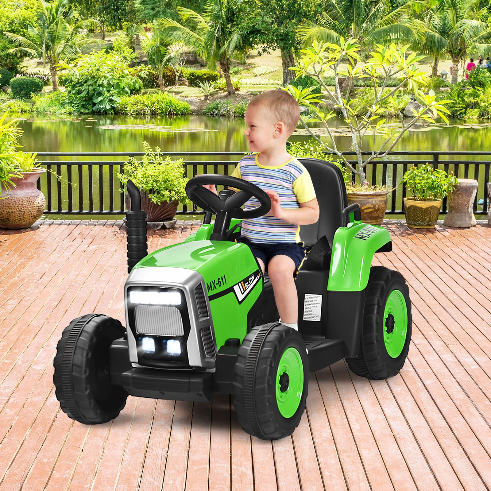 12V Kids Ride on Tractor Detachable Trailer 3-Gear Shift Handle 2.4G Remote LED Lights Ages 3+ 66-lb Capacity