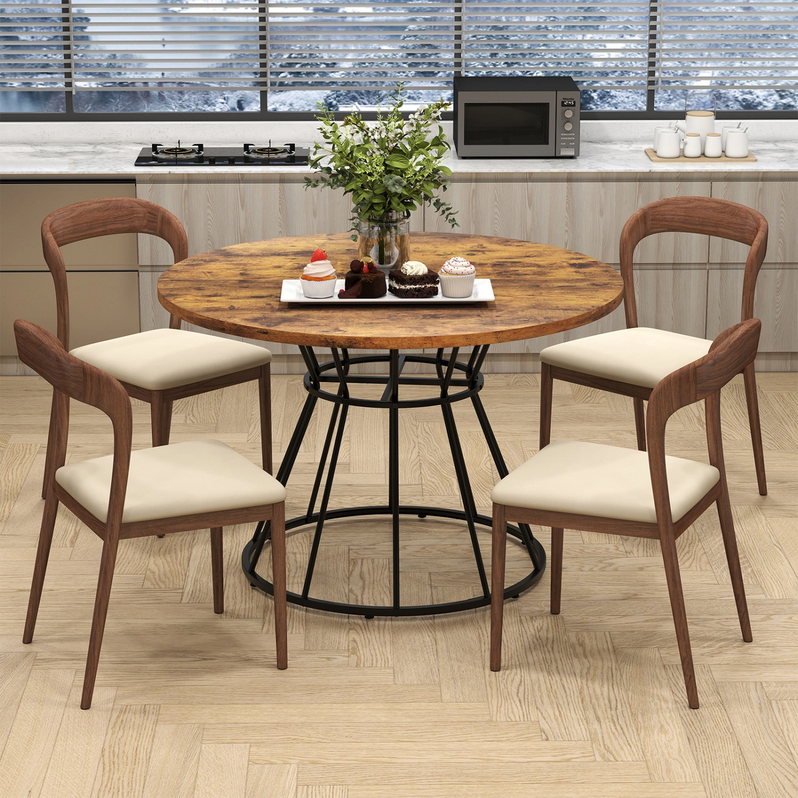 SUGIFT 47-Inch Brown Round Farmhouse Dining Table, Wooden Top, Curved Metal Base, Seats 4 to 6