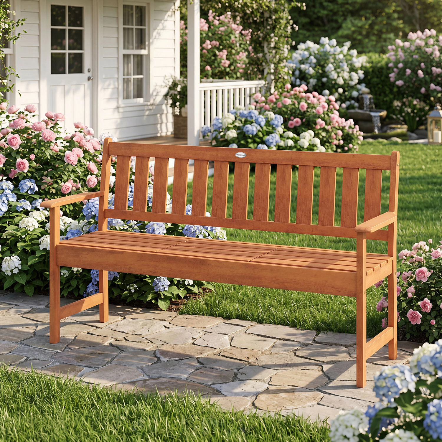 LJG 59" Outdoor Wood Garden Bench with Pull-Out Center Table
