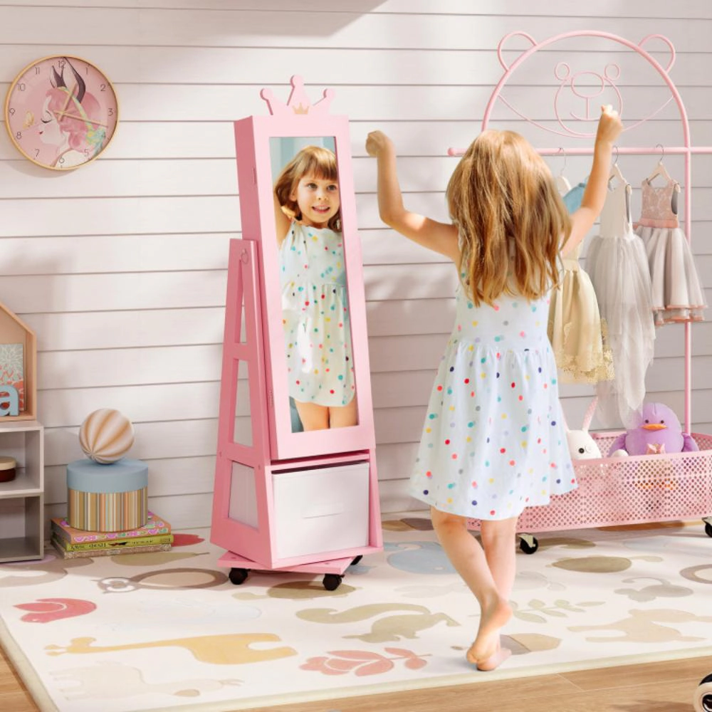 Hivvago Kids Jewelry Armoire Cabinet With Swivel Base And Lockable Universal Wheels-White