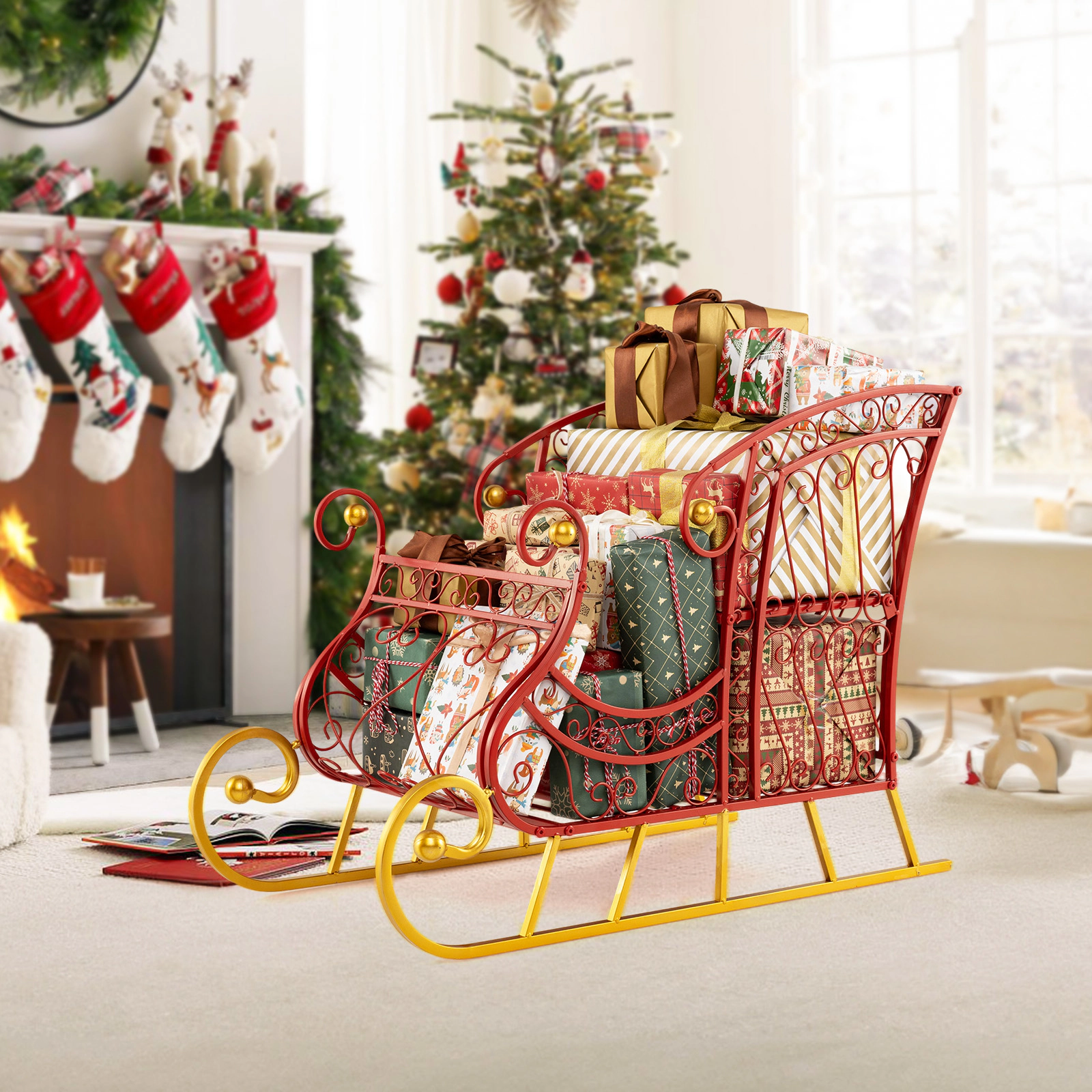 SUGIFT Red and Gold 2-Tier 33.5-in Metal Christmas Santa Sleigh Basket for Gift and Ornament Storage