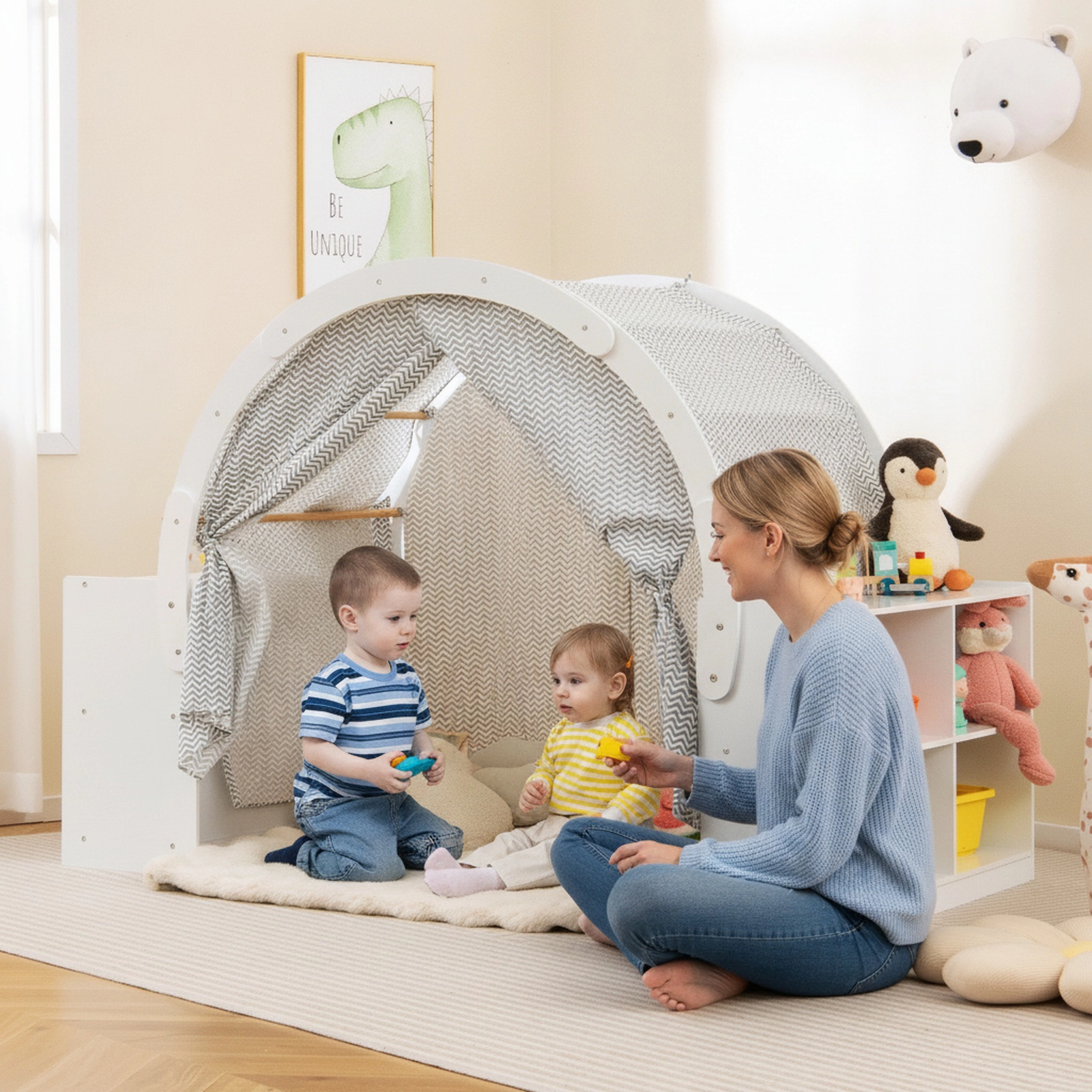 Wooden Kids Play Tent Playhouse with 8 Cubbies and 2 Countertops Curtain Shades Fits Most Kids Mattresses White