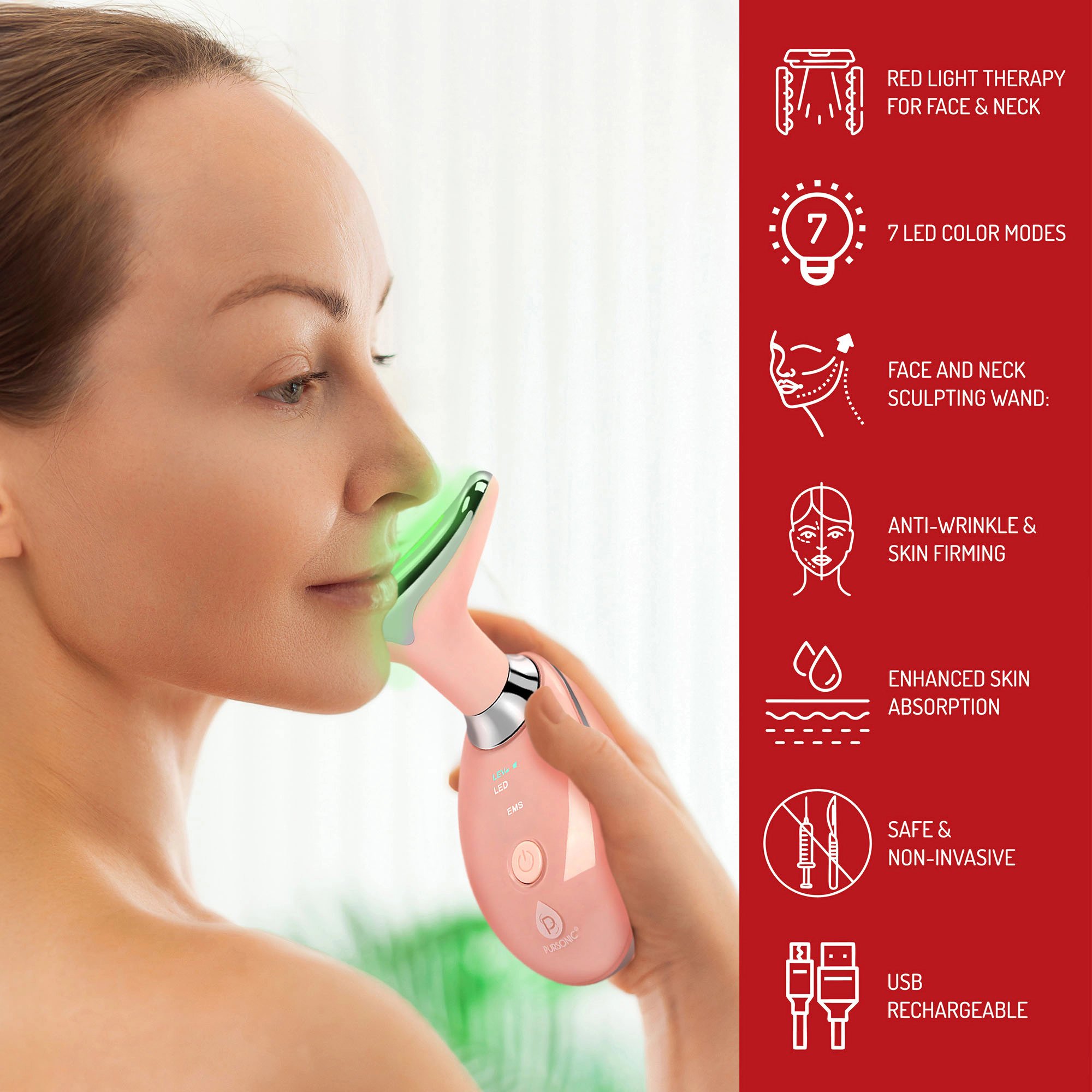 Pursonic Women's 3-in-1 LED Skincare Spa Bundle: 7-in-1 Face Mask, Sculpting Wand & Facial Steamer