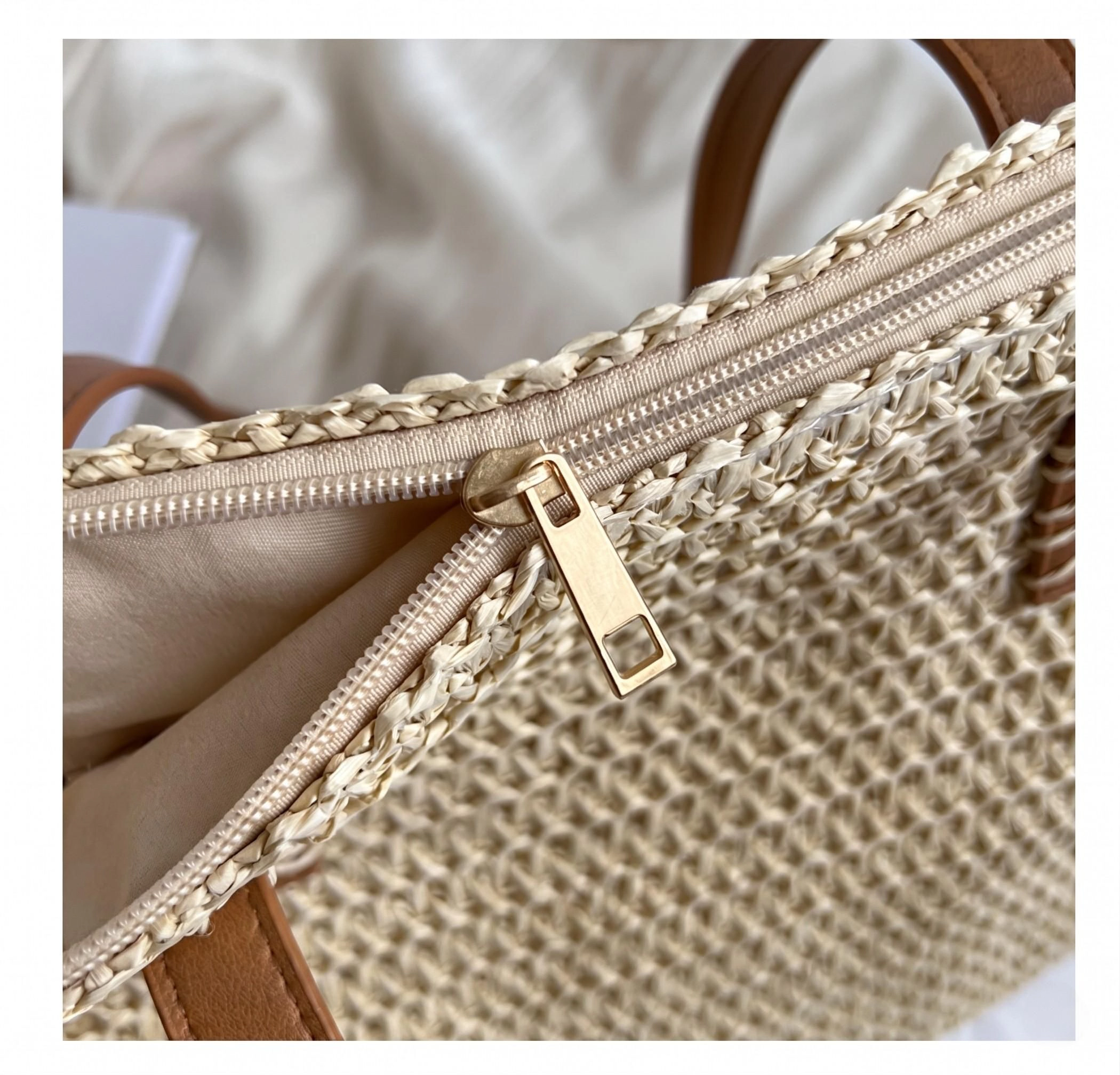 Alilang Women's Woven Straw Tote Bag with Leather Shoulder Straps Lightweight Crochet Knit Large Capacity Bag, Beige