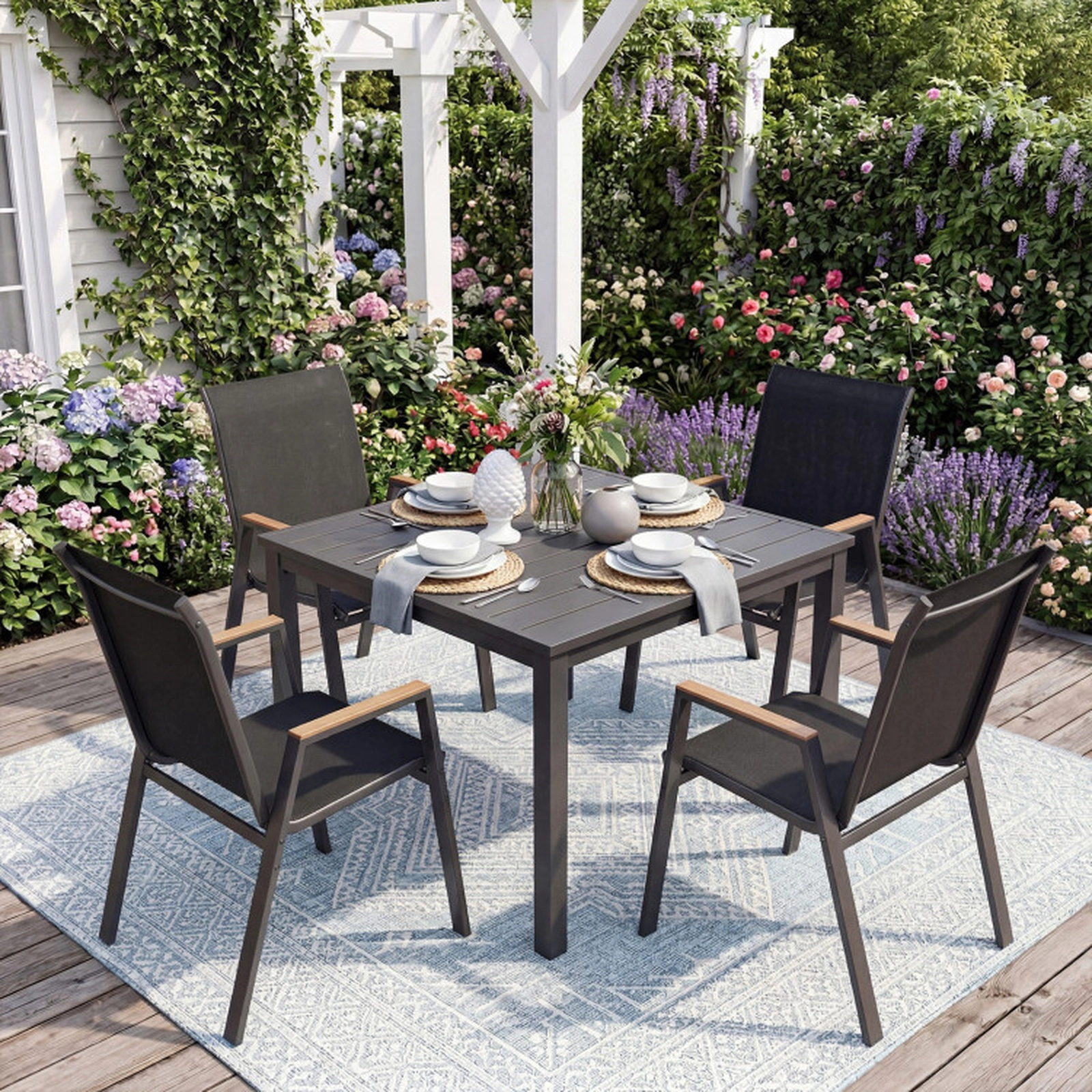SUGIFT Set of 4 Stackable High-Back Patio Sling Chairs 400-lb Capacity with 19.5-in Backrest and Wood-Plastic Armrests