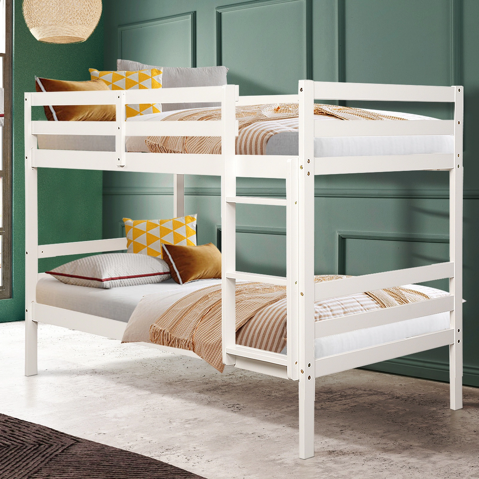 SUGIFT Twin-Over-Twin Bunk Bed, Solid Pine Wood, Guardrails, Wide Ladder, White