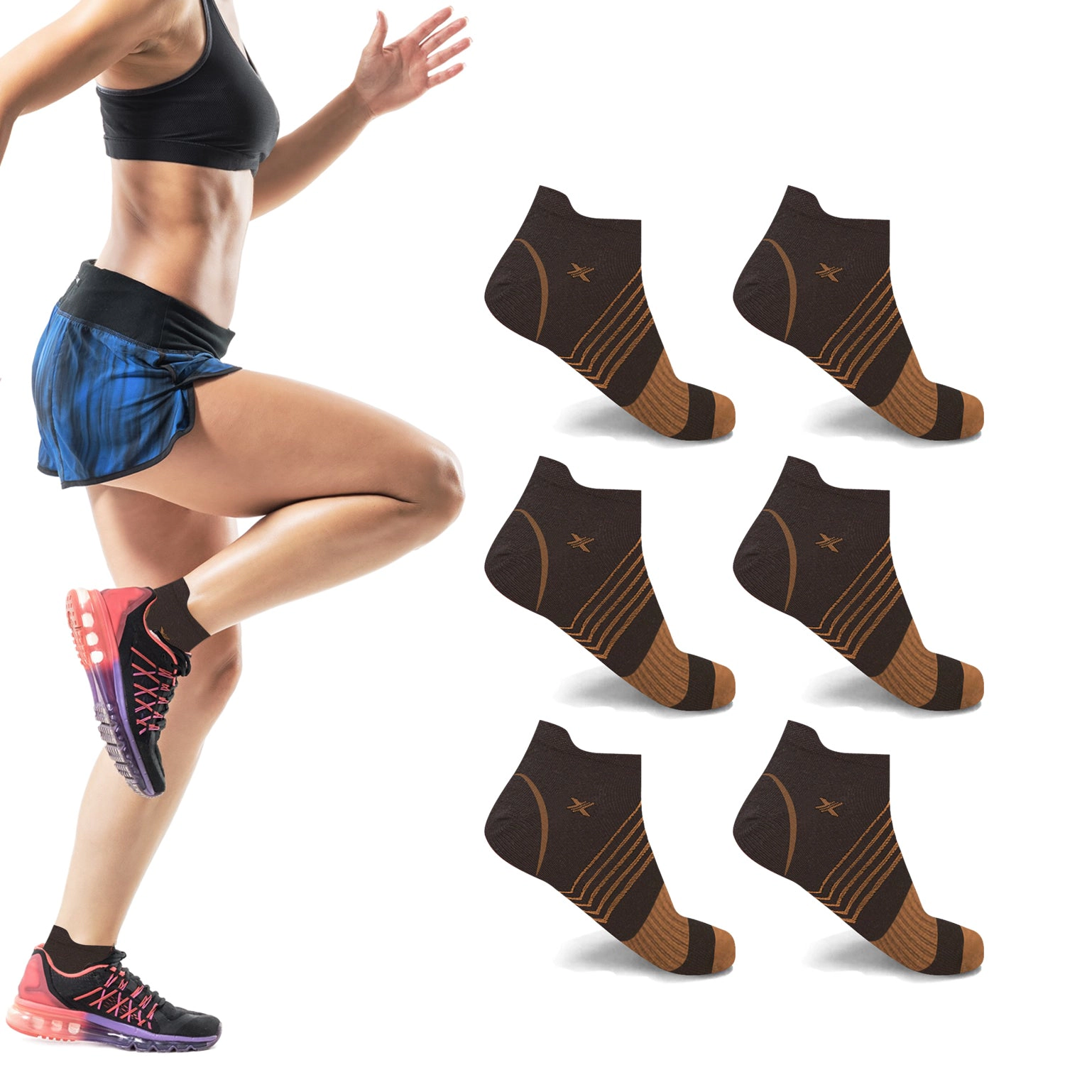 Extreme Fit Copper Compression Socks - Ankle High For Running, Athtletics, Travel 6 Pair