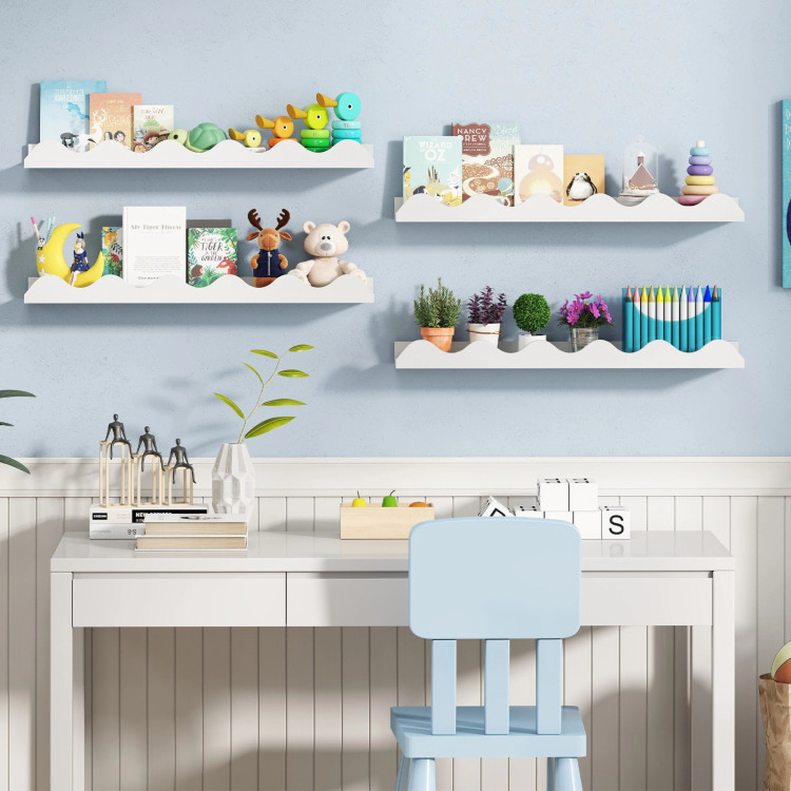 SUGIFT 24-in Wall-Mounted Kids Picture Ledge Bookshelf Set of 4 16.5-lb Capacity Fir Wood Natural White
