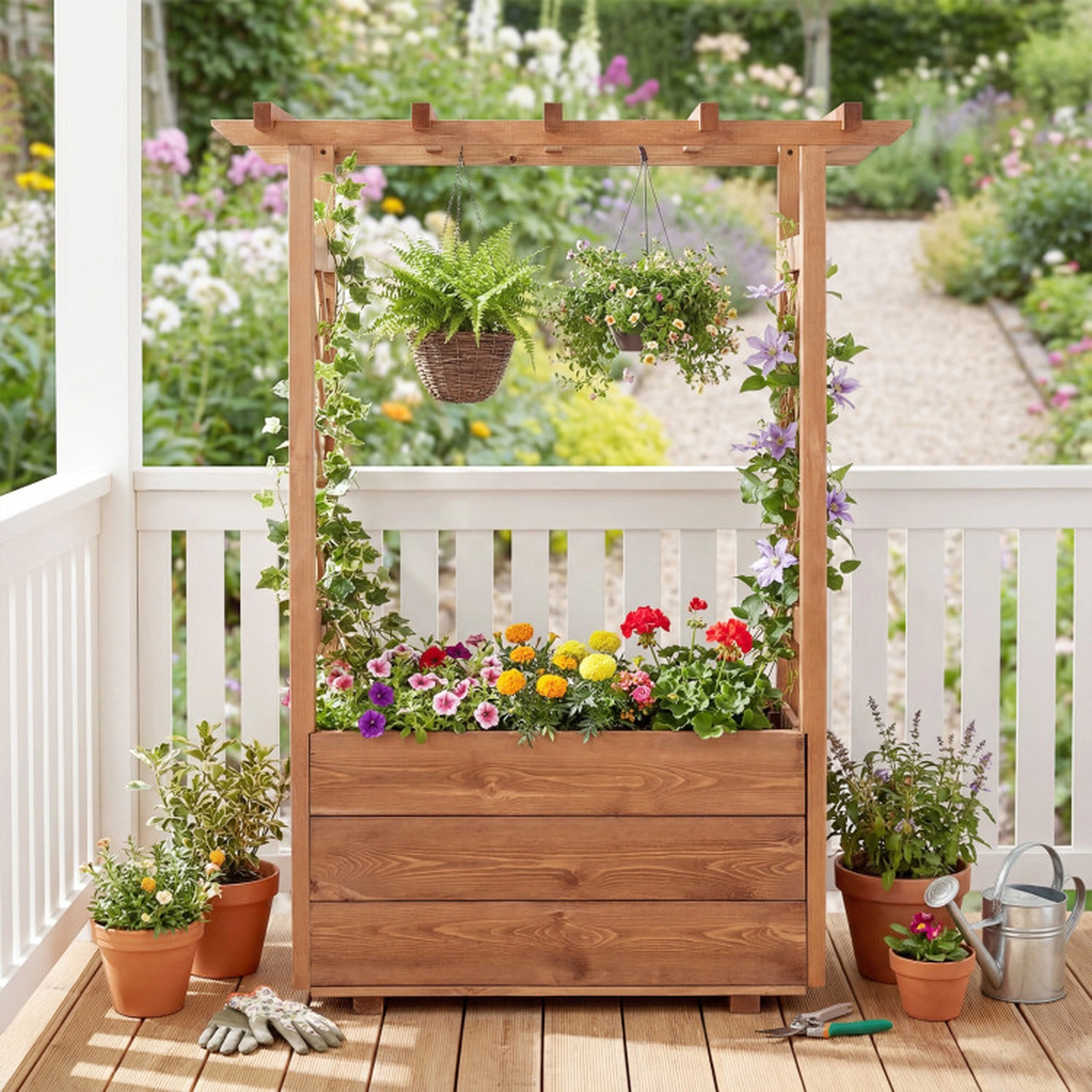 SUGIFT 41-in Tall Pine Wood Raised Garden Bed Elevated Planter Box with 2 Side Trellises and Hanging Roof