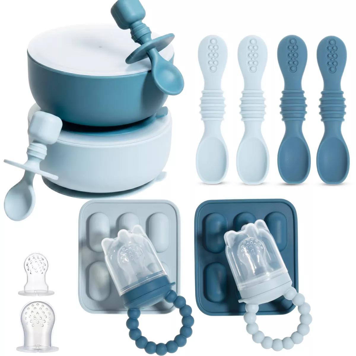 Sperric Silicone Baby Feeding Set, Suction Bowls w/ Lids, 4‑Pack Weaning Spoons & Fruit Feeders, Freezer Dishwasher Safe