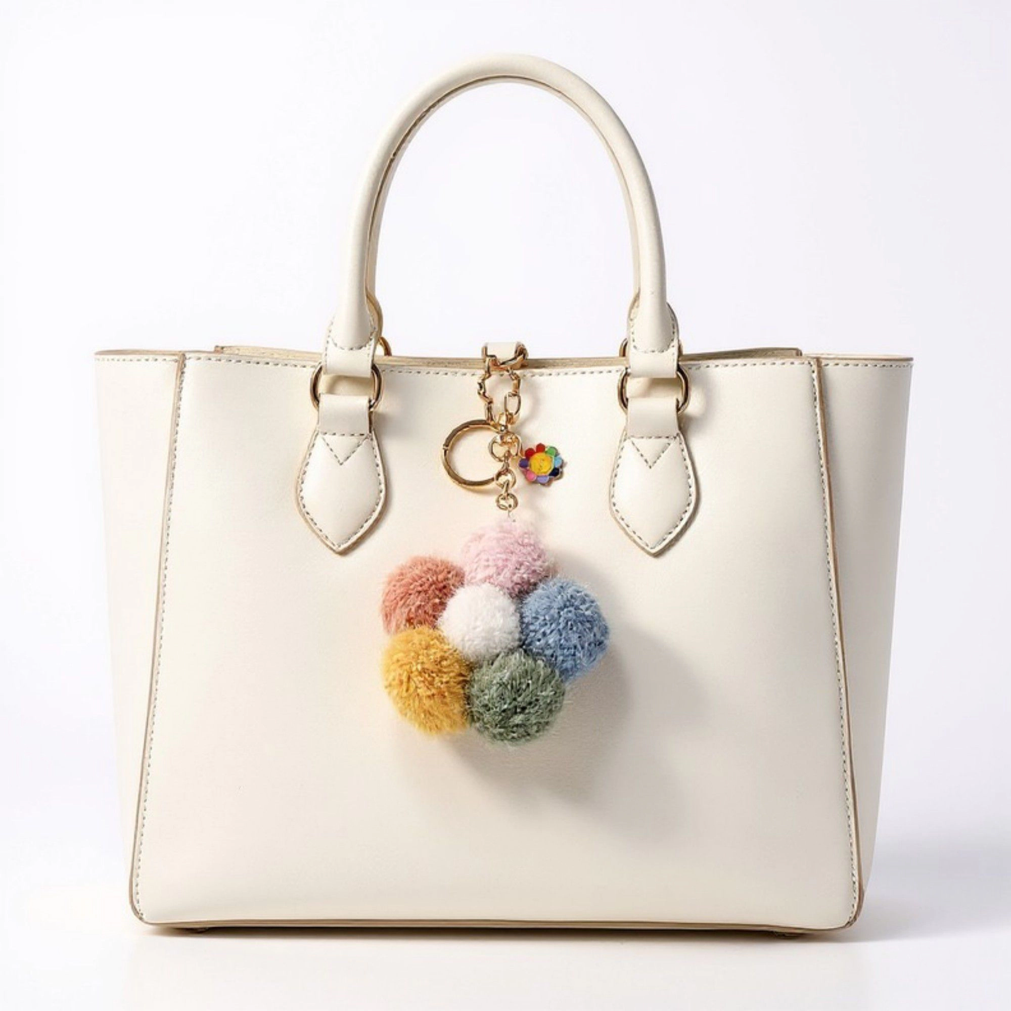 Alilang Women's Multicolor Pom Pom Keychain with Gold Flower Charm and Smiley Accent