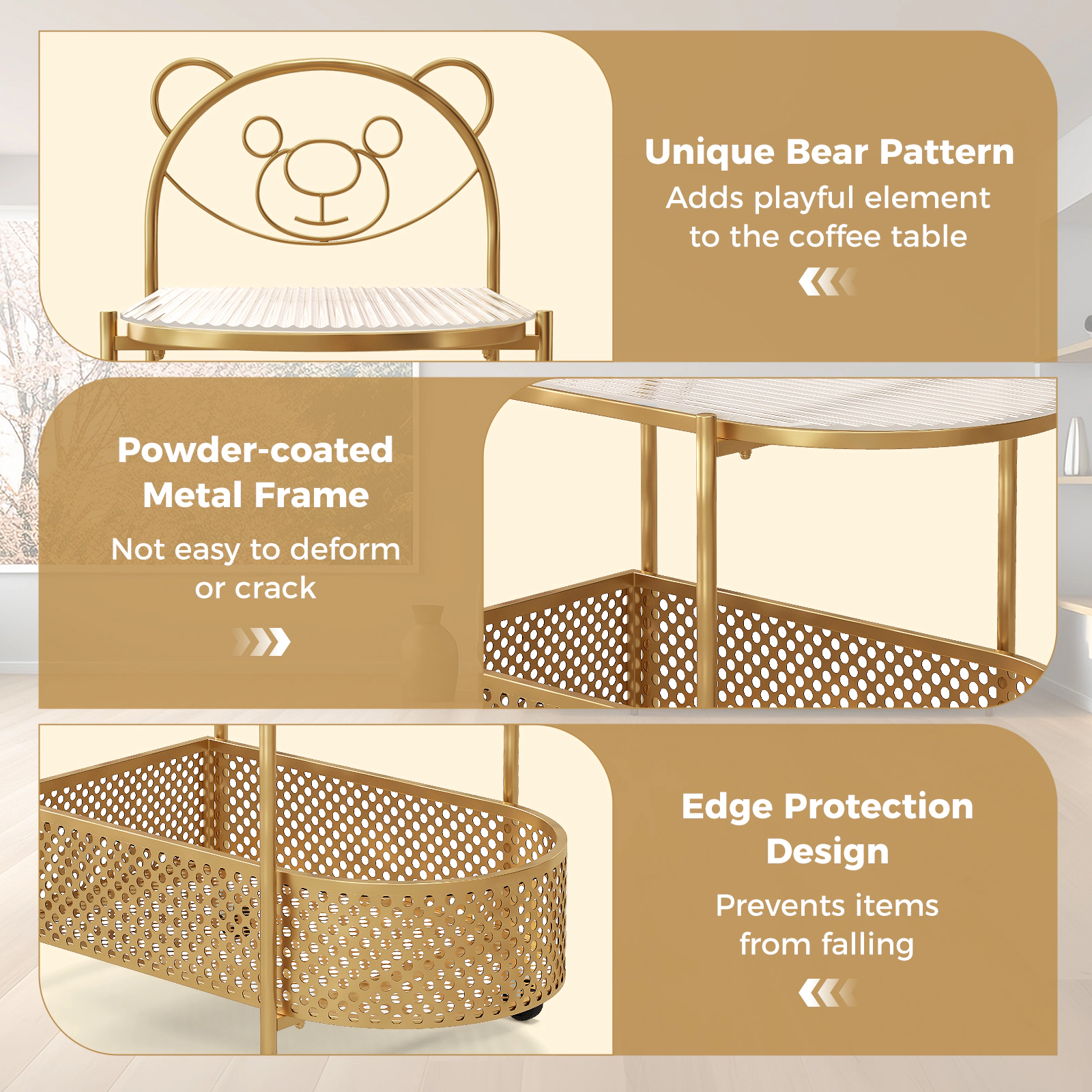 SUGIFT 2-Tier Mobile Tempered Glass Coffee Table with Bear Pattern 44-lb Tabletop Capacity Transparent + Golden