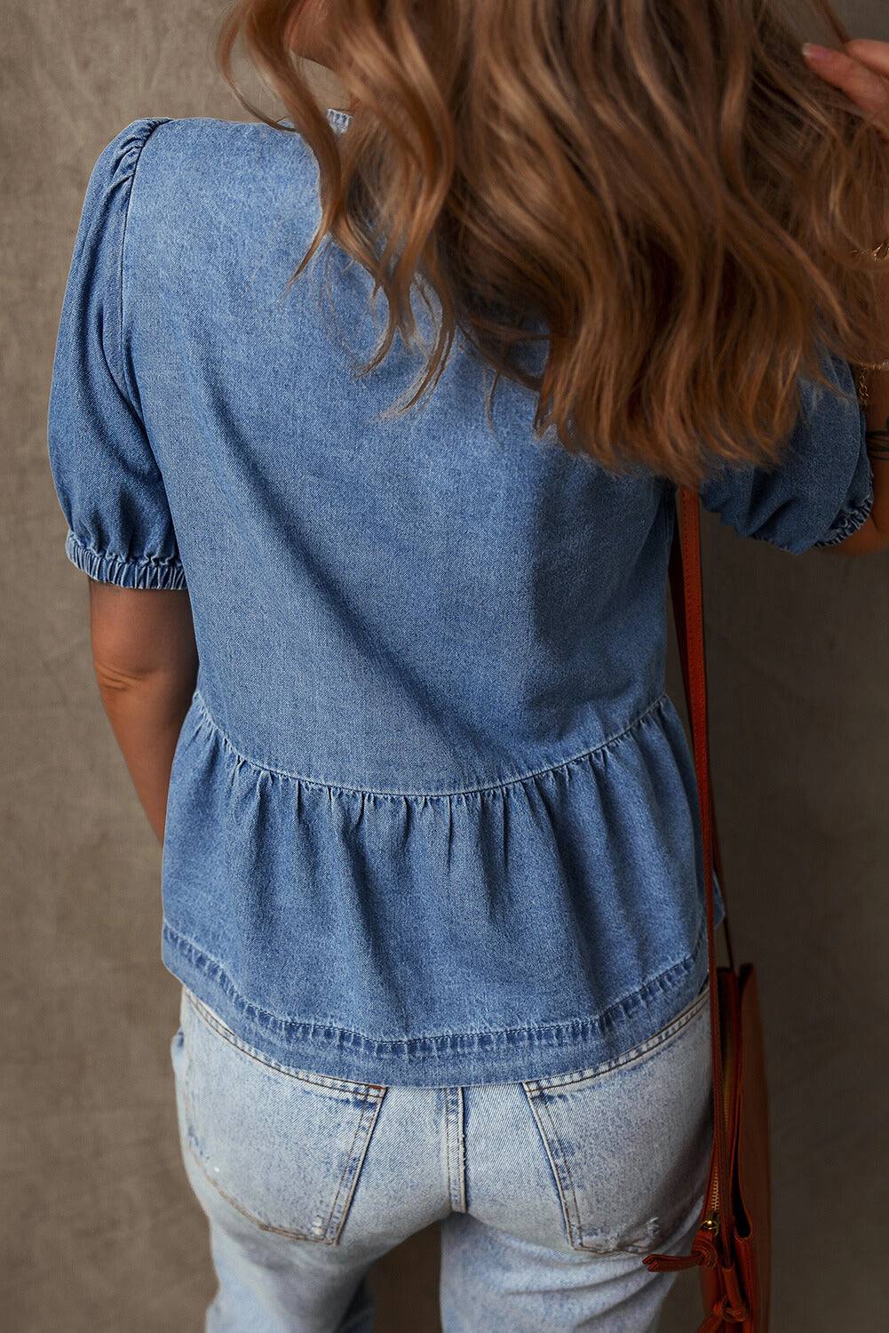 Threaded Pear Women's Hope Tied Front Bubble Sleeve Peplum Denim Shirt
