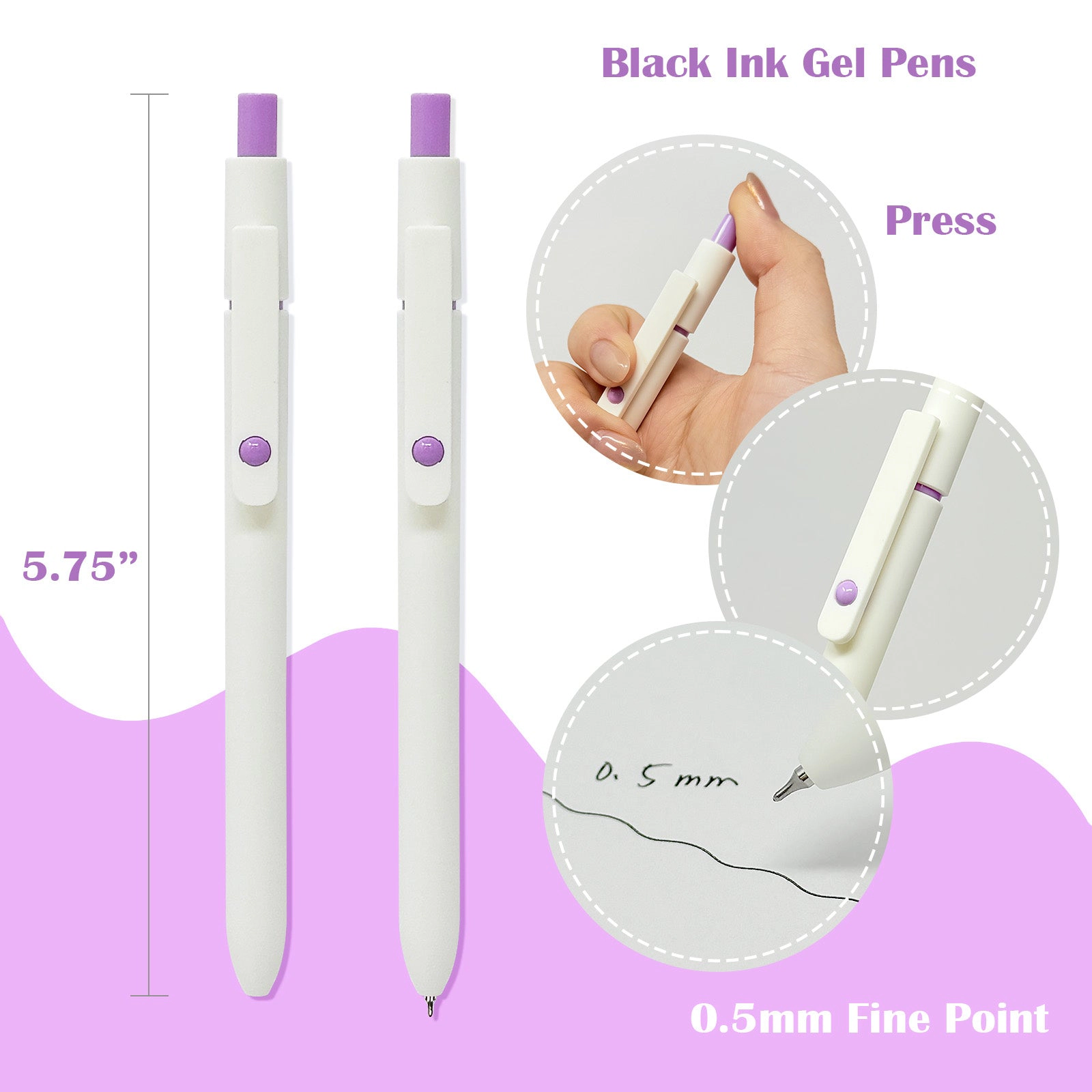 Wrapables Smooth Retractable Black Ink Gel Pens, 0.5mm Fine Point for Home and Office, Pastel, Set of 5