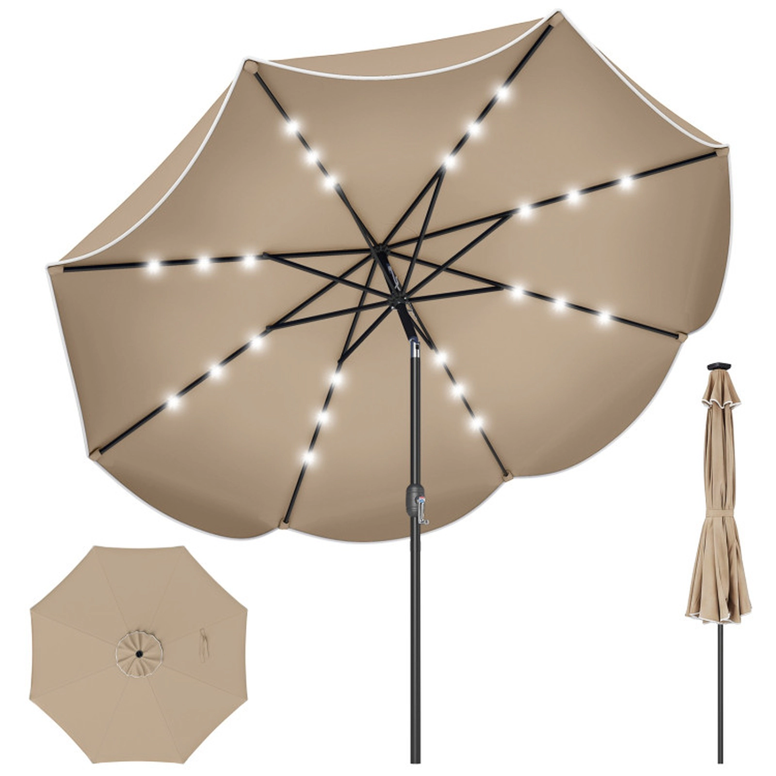 SUGIFT Scalloped Solar Patio Umbrella Market Table Umbrella with 24 LED Lights 9-ft Tan