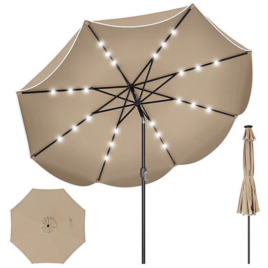 SUGIFT Scalloped Solar Patio Umbrella Market Table Umbrella with 24 LED Lights 9-ft Tan