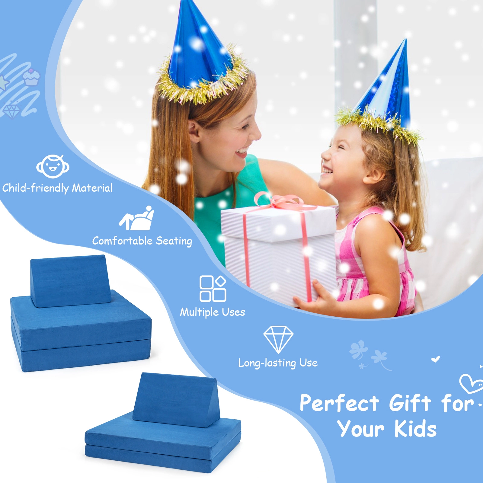 SUGIFT 4-Piece Convertible Kids Couch Set with 2 Folding Mats 220-Lb Capacity Blue/Yellow