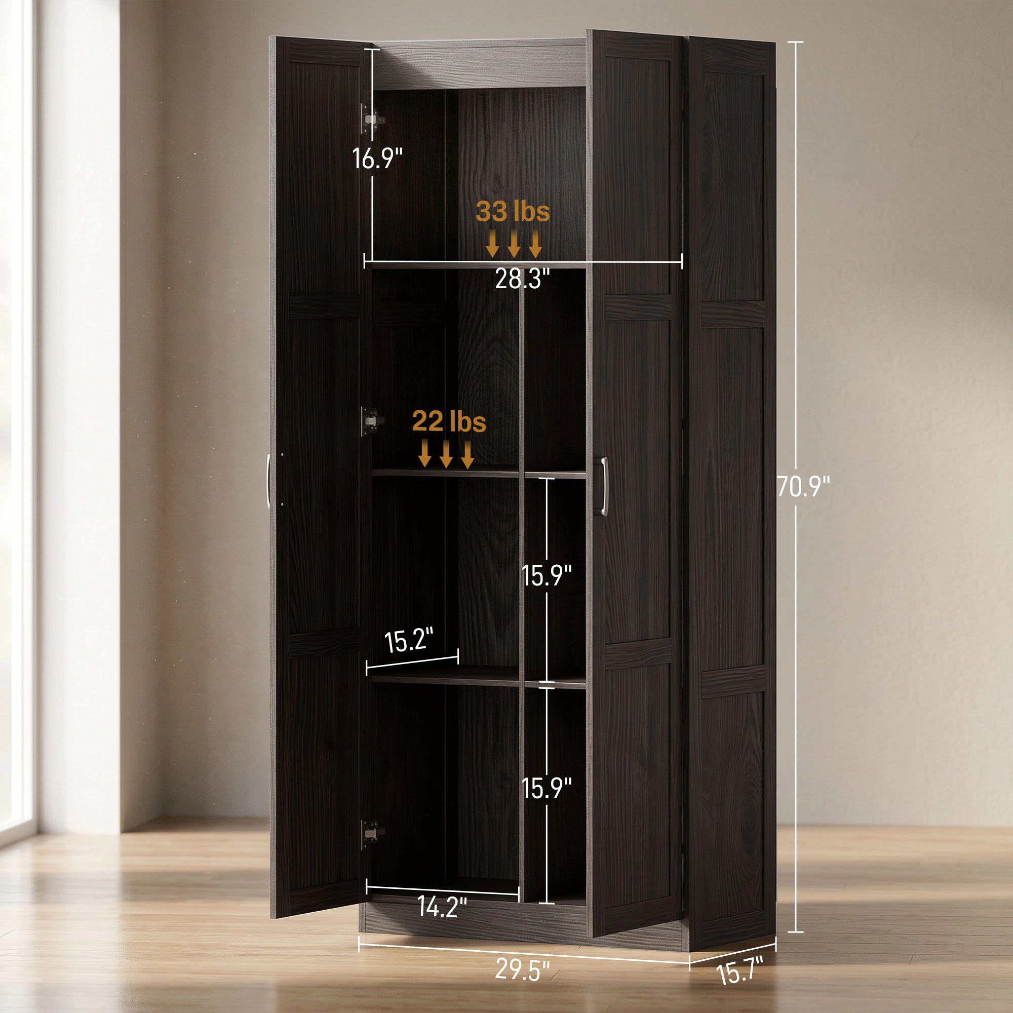 HONGGE Farmhouse Pantry Cabinet, 71" Tall Kitchen Pantry Storage Cabinet with Soft-Close Hinges, Adjustable Shelves