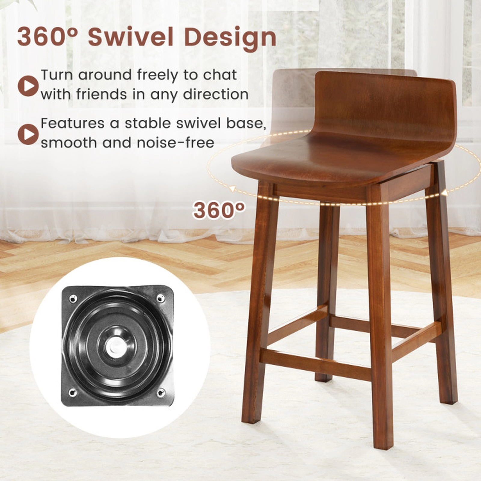 SUGIFT Set of 2 360 Swivel Low Back Counter Height Wooden Bar Stools 15-in x 16.5-in x 31-in 350-lb Capacity Walnut