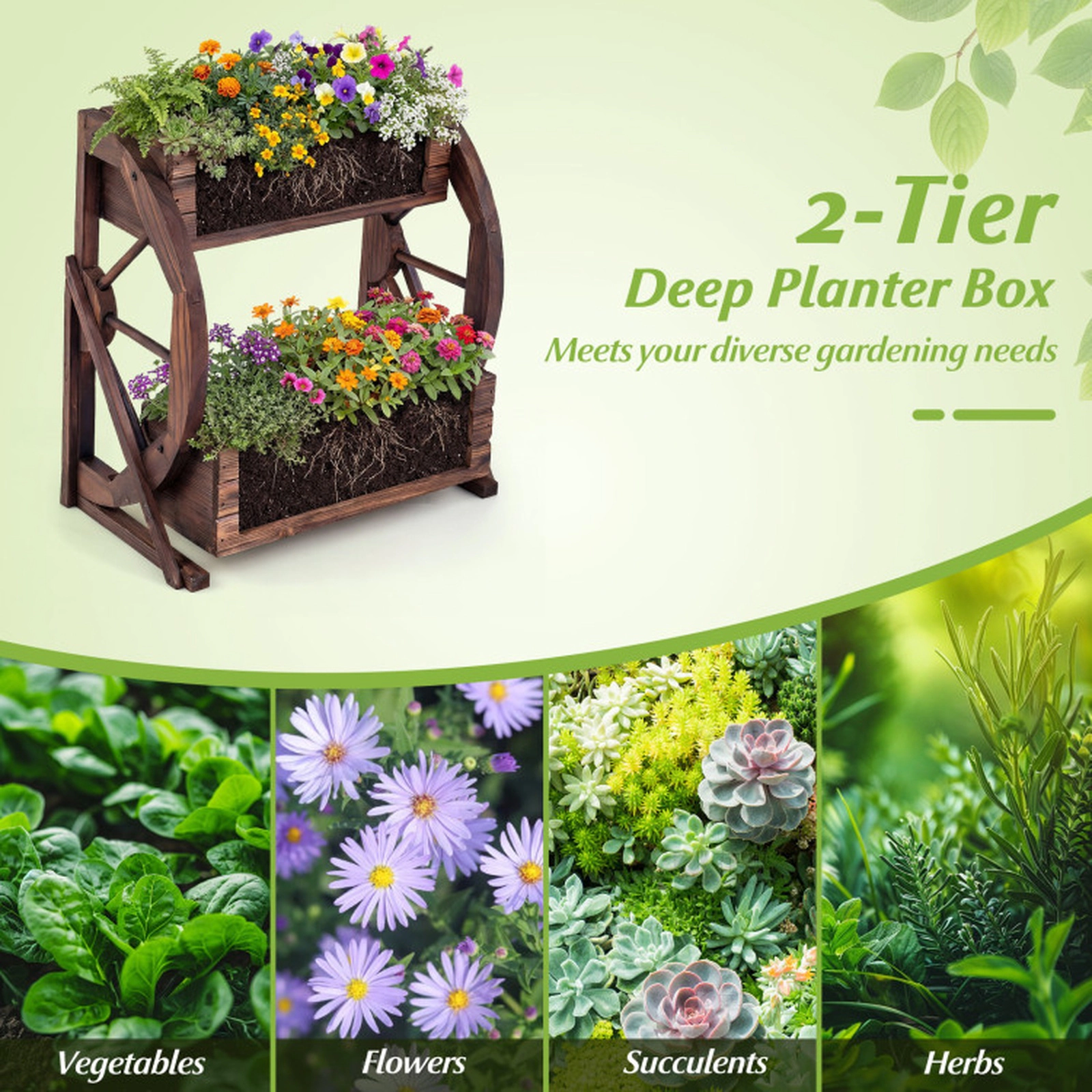 SUGIFT 2-Tier 22-lb Per-Tier Coffee Fir Wood Wagon Raised Garden Bed with Semi-Wheels and Drainage Hole