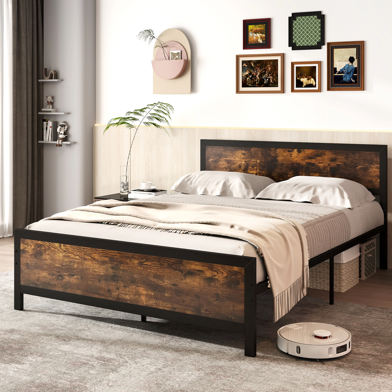 SUGIFT Queen Platform Bed Frame, Rustic Brown Wood-Grain Headboard and Footboard, Metal Slat Support, 660 lb Capacity