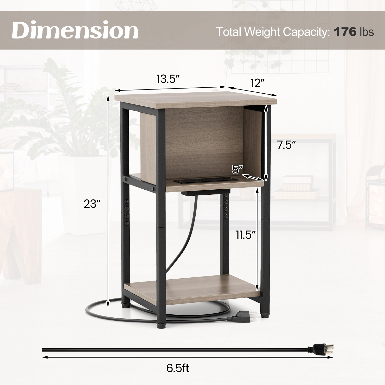 SUGIFT 3-Tier End Table with Hidden Power Strip 176-lb Total Capacity Gray & Black Engineered Wood and Metal 1 Piece
