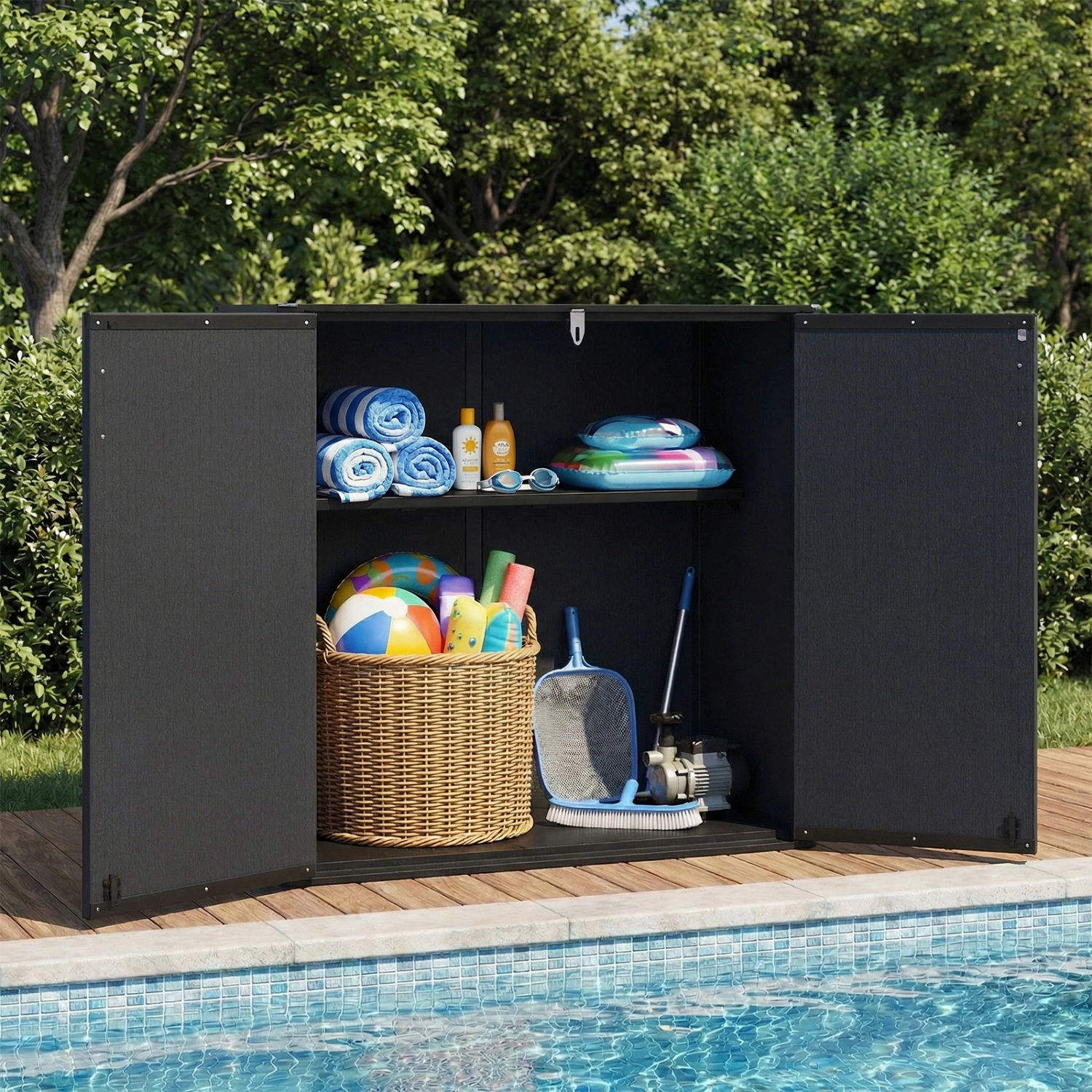 SUGIFT 175-Gal 330-lb Roof Capacity Lockable Waterproof Outdoor Storage Shed Box with Floor and Removable Shelf