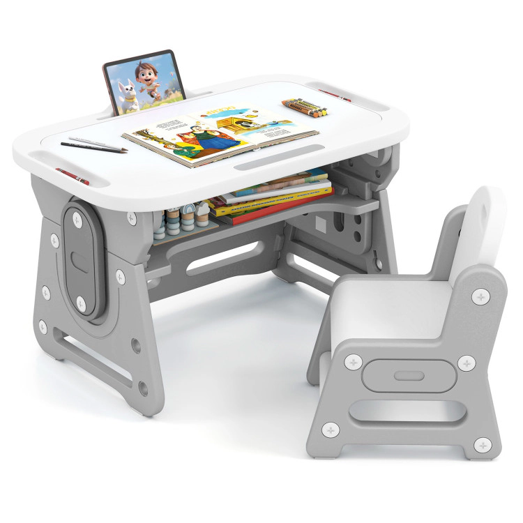 Hivvago Height Adjustable Kids Table And Chair Set With Tiltable Whiteboard And Concave Shelf