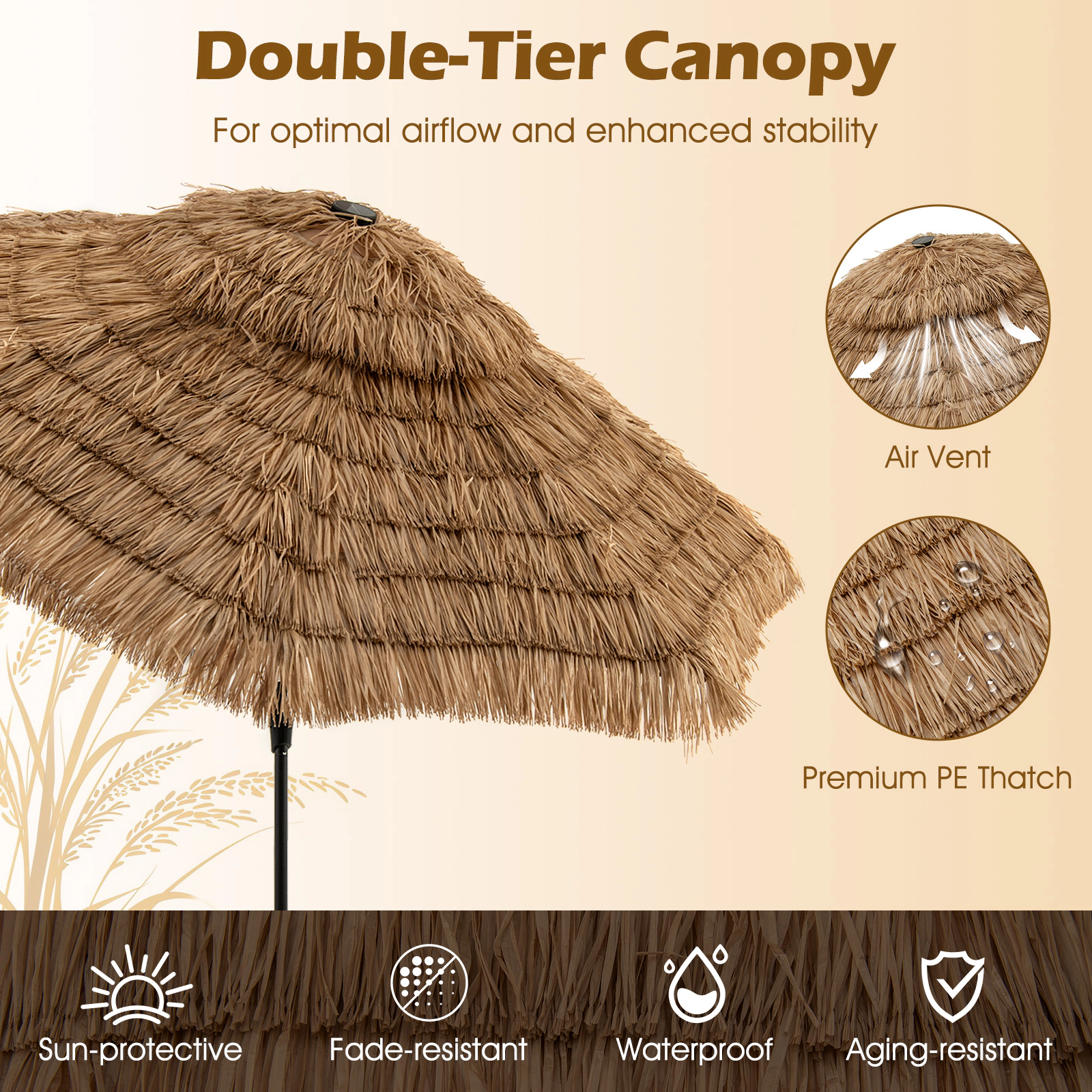 SUGIFT 10-ft Natural Thatched Tiki Patio Umbrella with Solar LED Lights 11-Tier Hawaiian Canopy and Crank