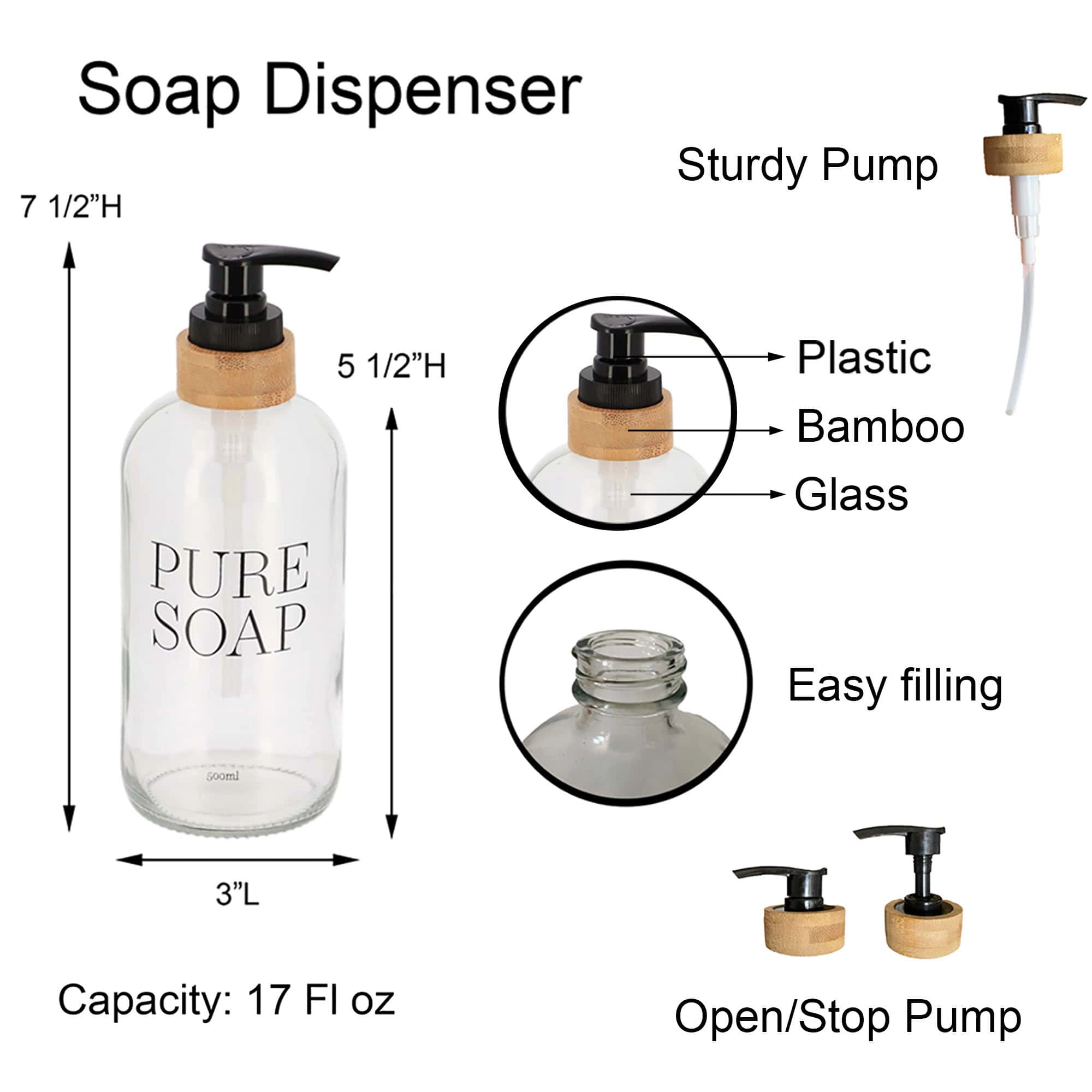 Evideco French Home Goods 17 oz Clear Glass Soap Dispenser with Bamboo Collar, PURE SOAP Embossed