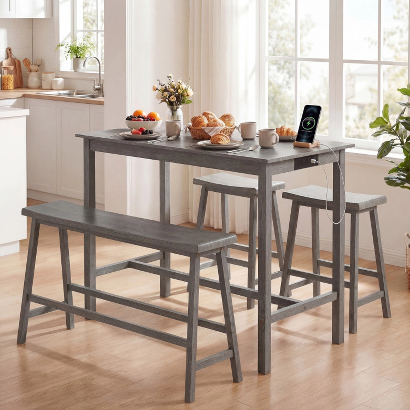 SUGIFT 4-Piece Gray Counter-Height Dining Set with Charging Outlet, Bench and 2 Stools