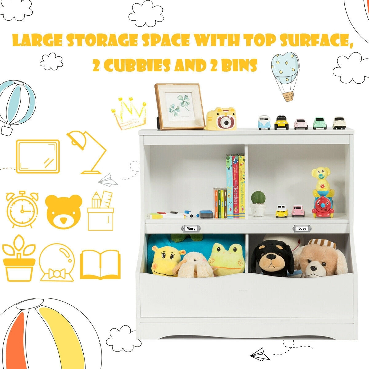 SUGIFT Multi-Bin MDF Toy Organizer Floor Cabinet Bookcase 66-lb Top Capacity 26.5-in Wide 25-lb Net Weight White/Gray