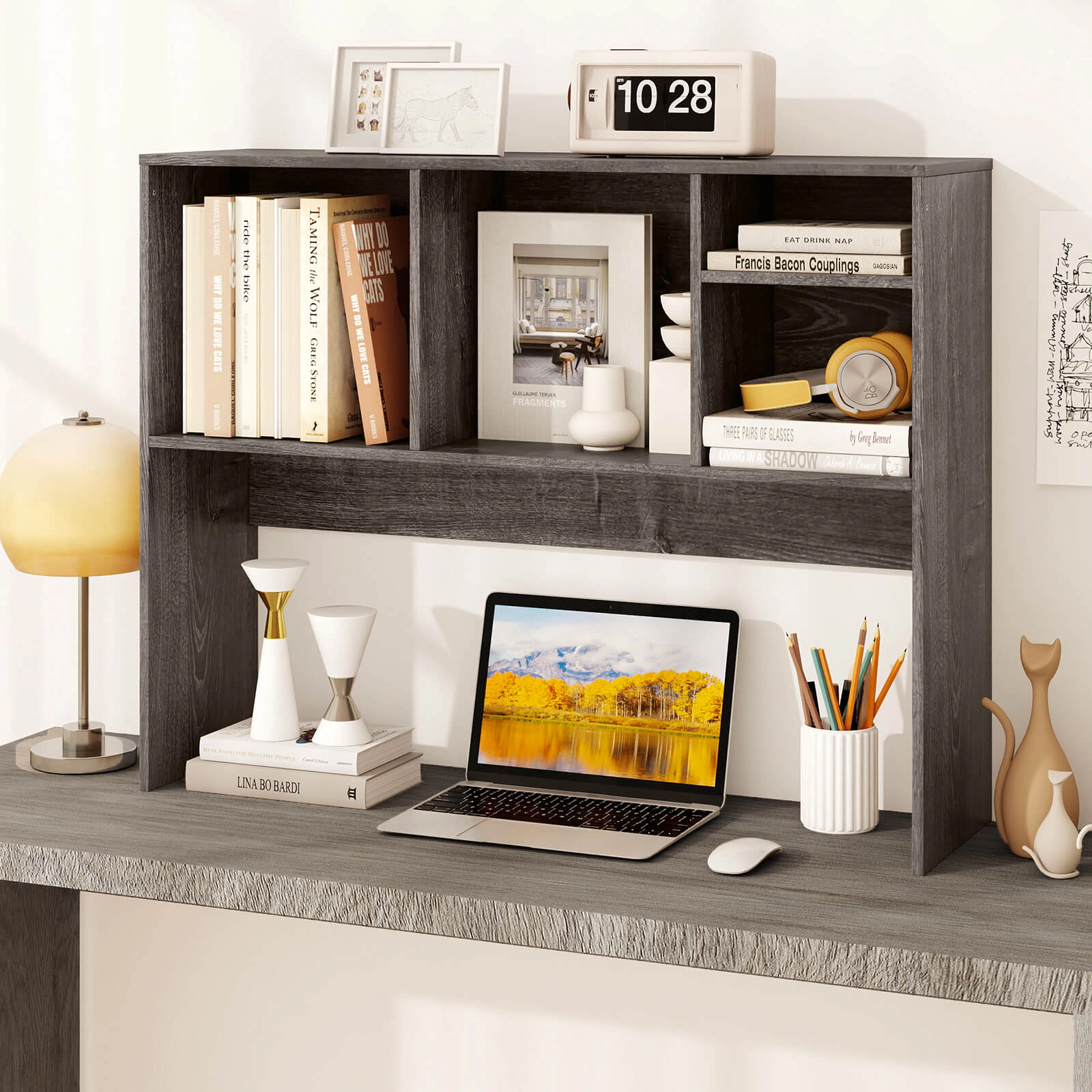 Costway Computer Desktop Bookcase Countertop Storage Bookshelf Organizer with 4 Cubbies Walnut