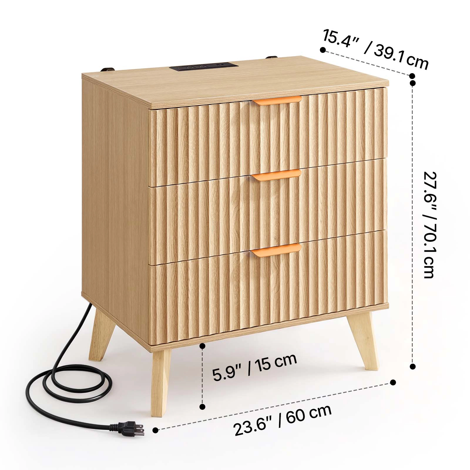 HONGGE Fluted Nightstand with Charging Station, 3 Drawers, Dresser for Bedroom, Mid Century Modern End Table
