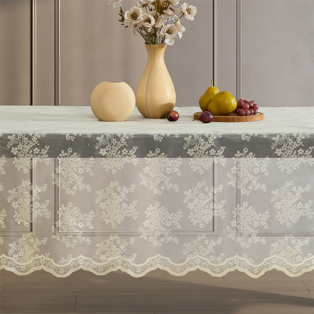 HLC.ME Jolene Floral Scalloped Lace Fabric Wrinkle Resistant Tablecloth