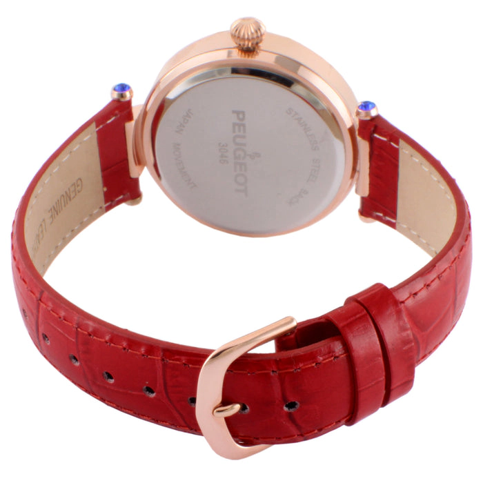 Peugeot Women's 38mm Red Watch Crystal Bezel Leather Strap