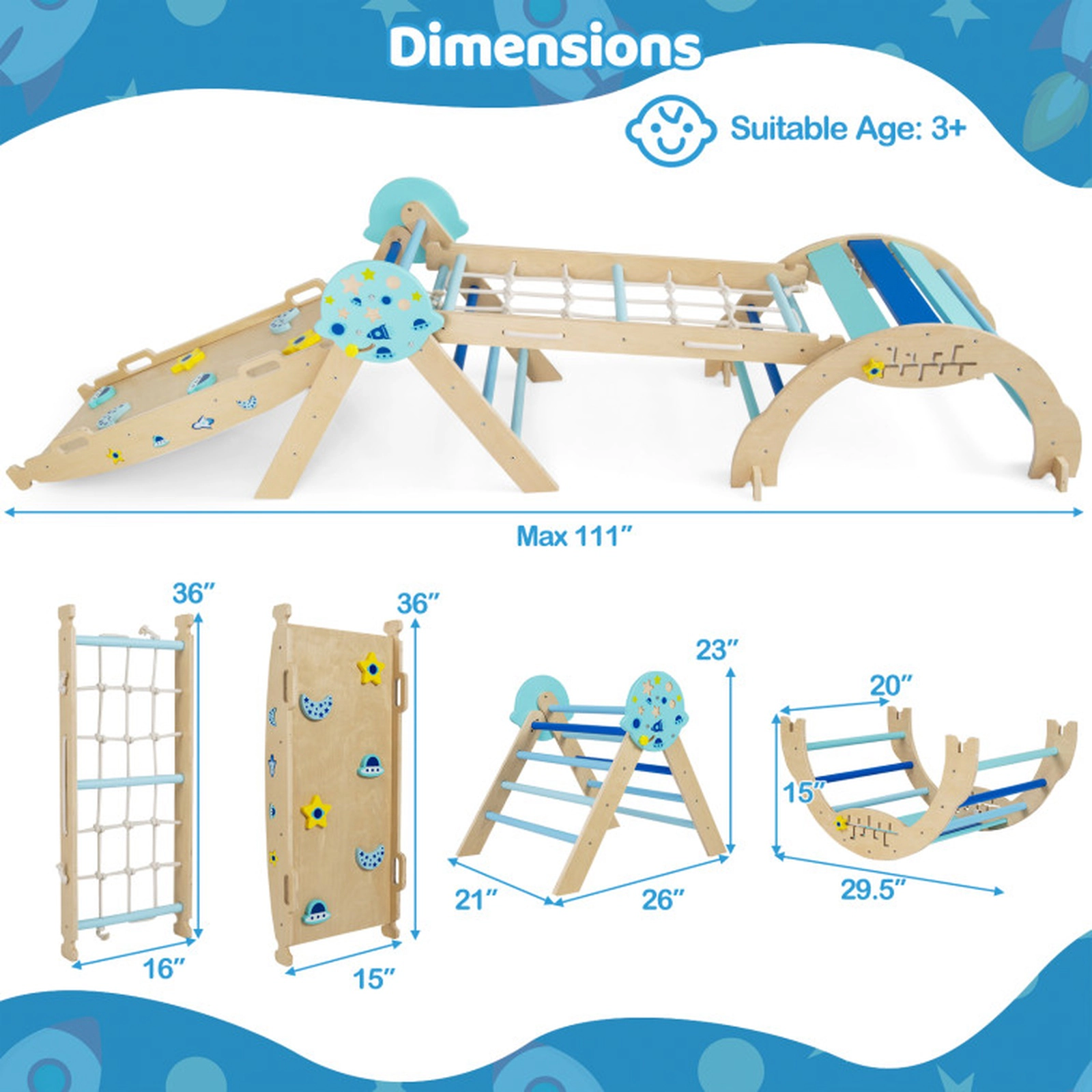 SUGIFT Balance Bridge Ramp and Toy Blocks 8-in-1 Foldable Baby Climbing Triangle Set