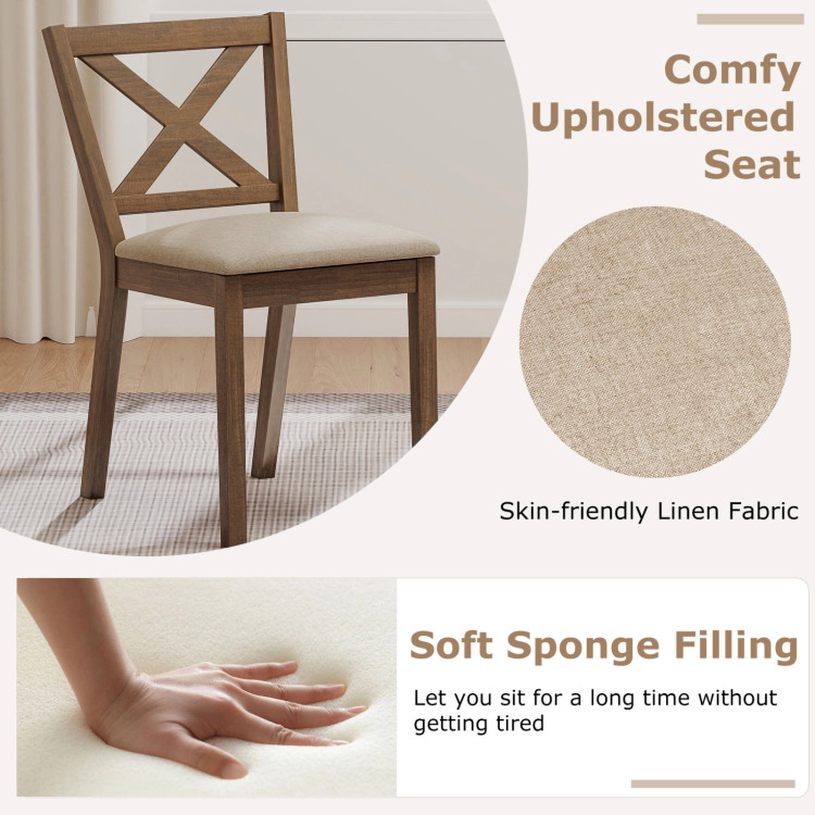 SUGIFT Set of 2 Oak-Finish Wood Dining Chairs with X-Back Linen Seats