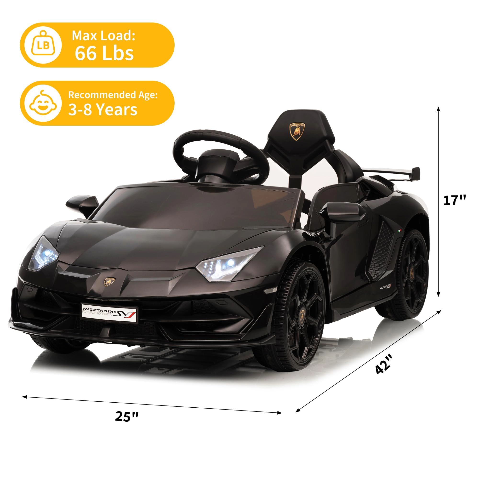 12V Licensed Lamborghini Kids Ride On Car, Battery Sports Car w/Remote, 2 Speeds, Sound, LED Headlights&Hydraulic Doors