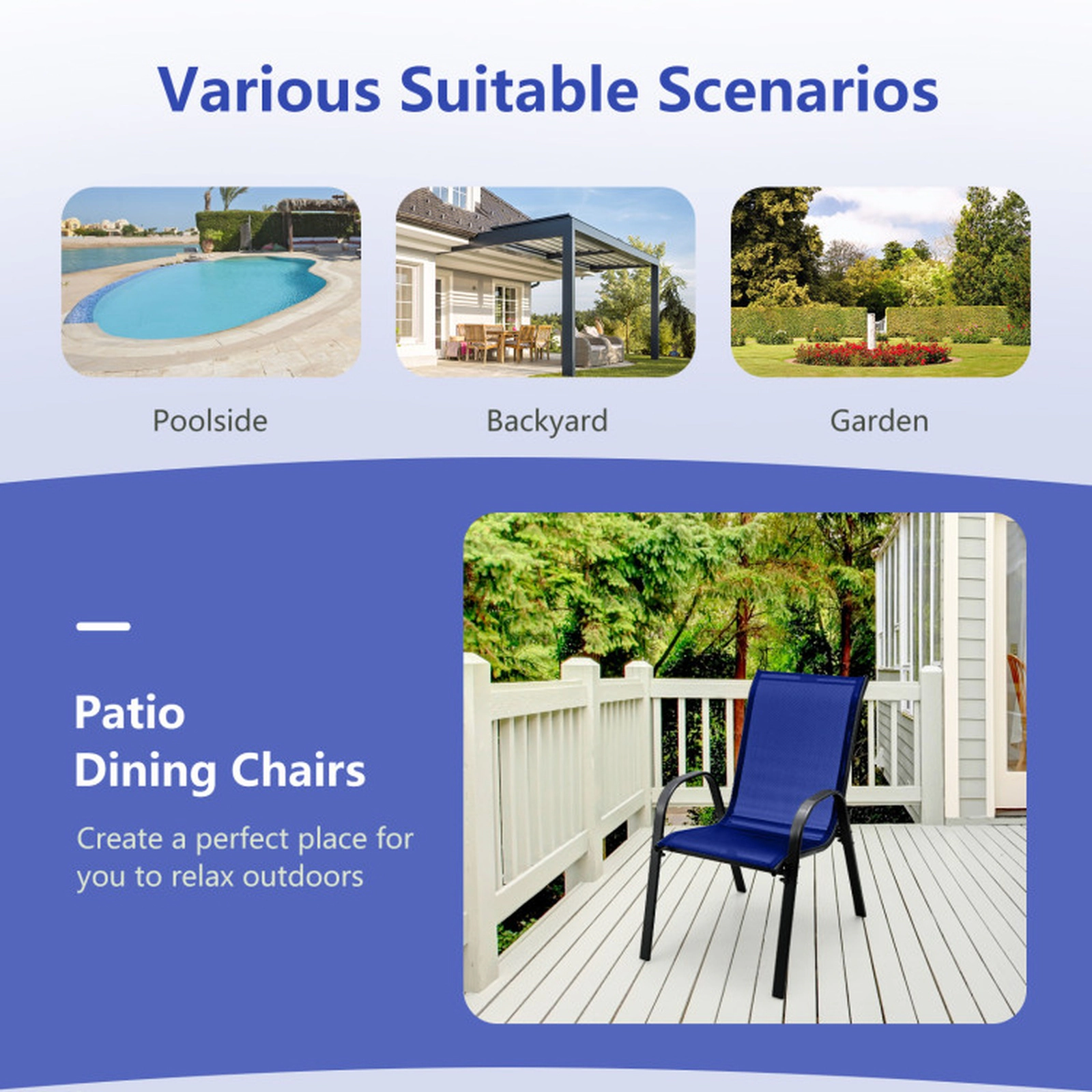 SUGIFT Patio Sling Dining Chairs Set with Armrest 330-lb Capacity Navy Fabric Gray Steel Frame 29-in Long 4-Piece