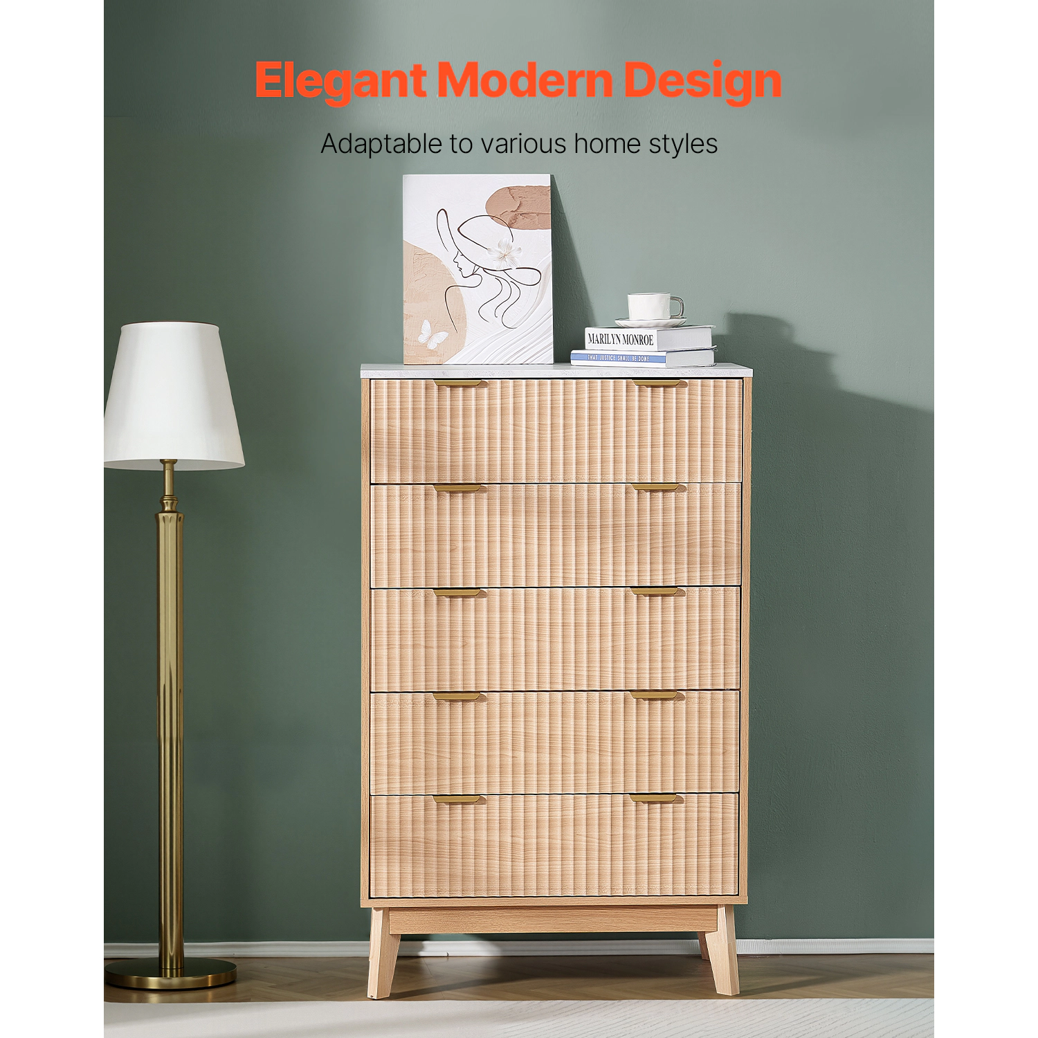 HONGGE Fluted Wooden Chest of Drawers with Sliding & Anti-tip Device
