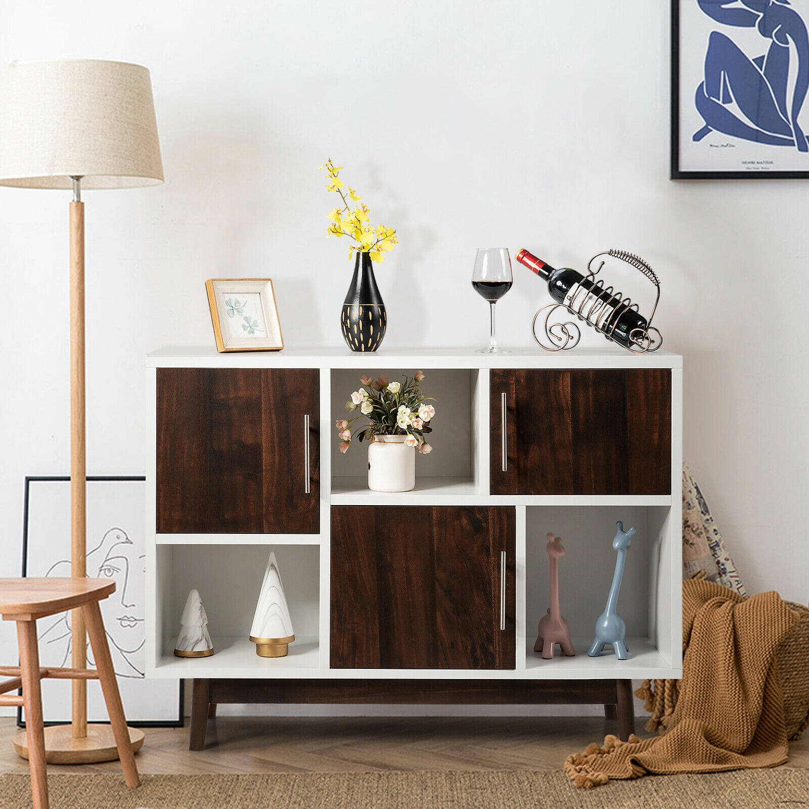 SUGIFT 40.5-in White Wood Sideboard Display Cabinet with 6 Compartments and Pine Legs for Living Room