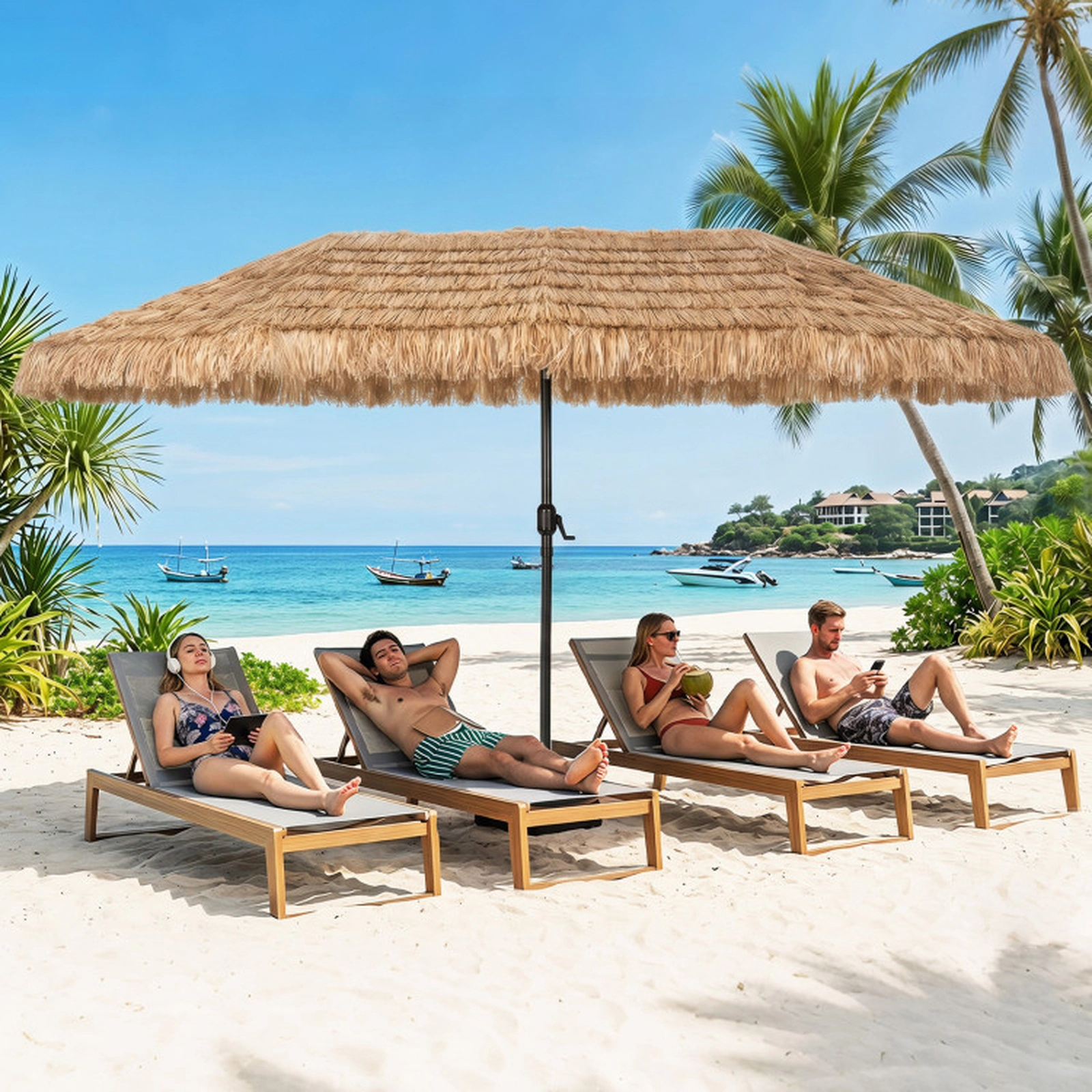 SUGIFT Brown 12 Ribs and Weighted Base 15 x 9 FT Solar Double-Sided Thatched Patio Umbrella