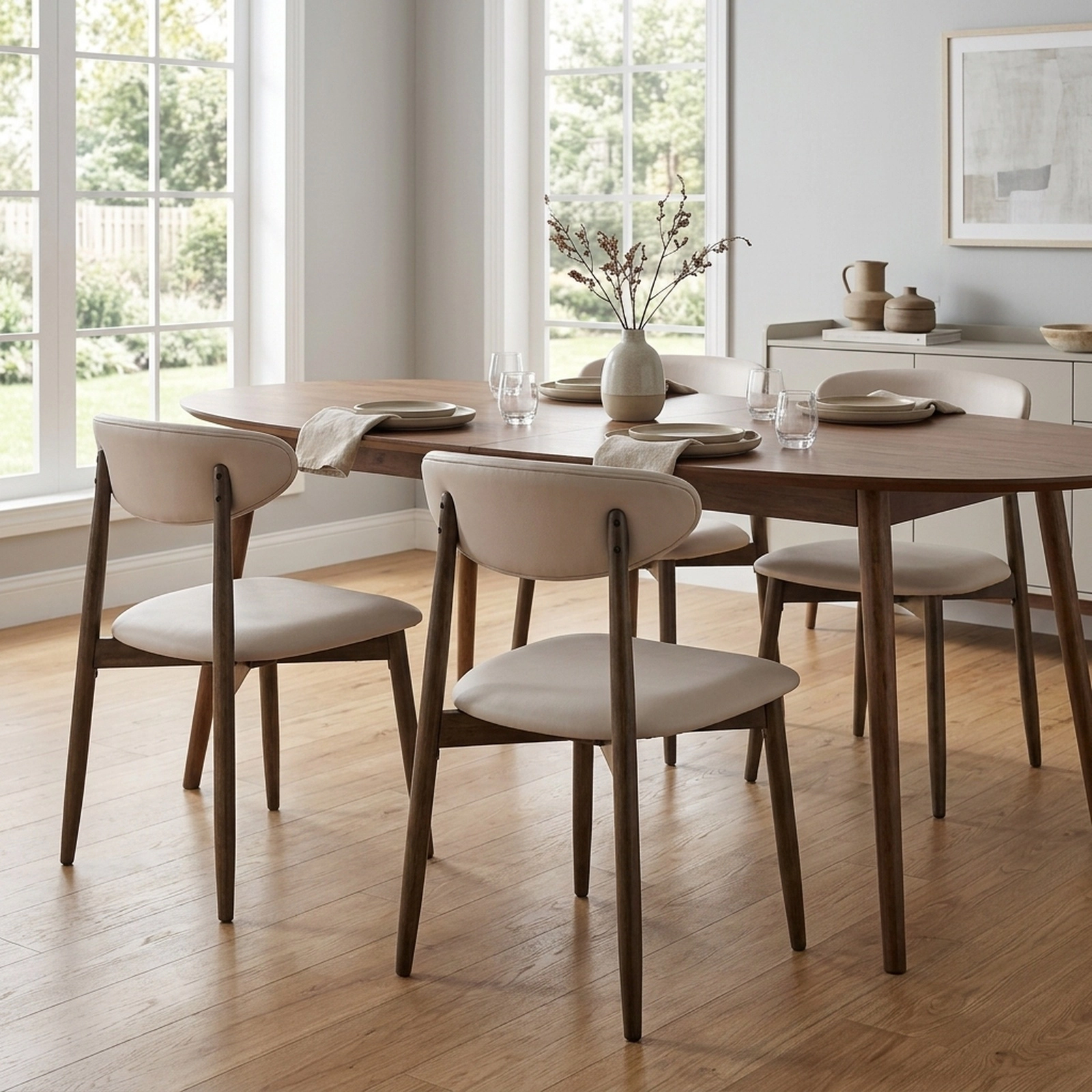 SUGIFT Set of 4 Wooden Modern Upholstered Dining Chairs with Curved Backrest 330-lb Capacity Beige Seat Wood Ash Frame