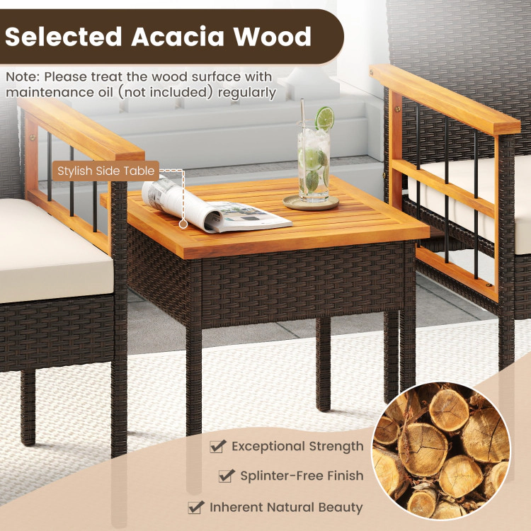 Hivvago 3 Piece Wicker Furniture Set With Acacia Wood Tabletop And Armrest For Balcony
