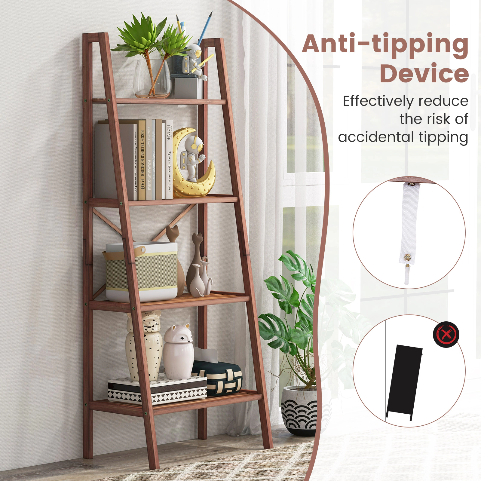 SUGIFT 4-Tier 58-in Tall Freestanding Bamboo Ladder Shelf Bookshelf with Storage Rack and Plant Stand