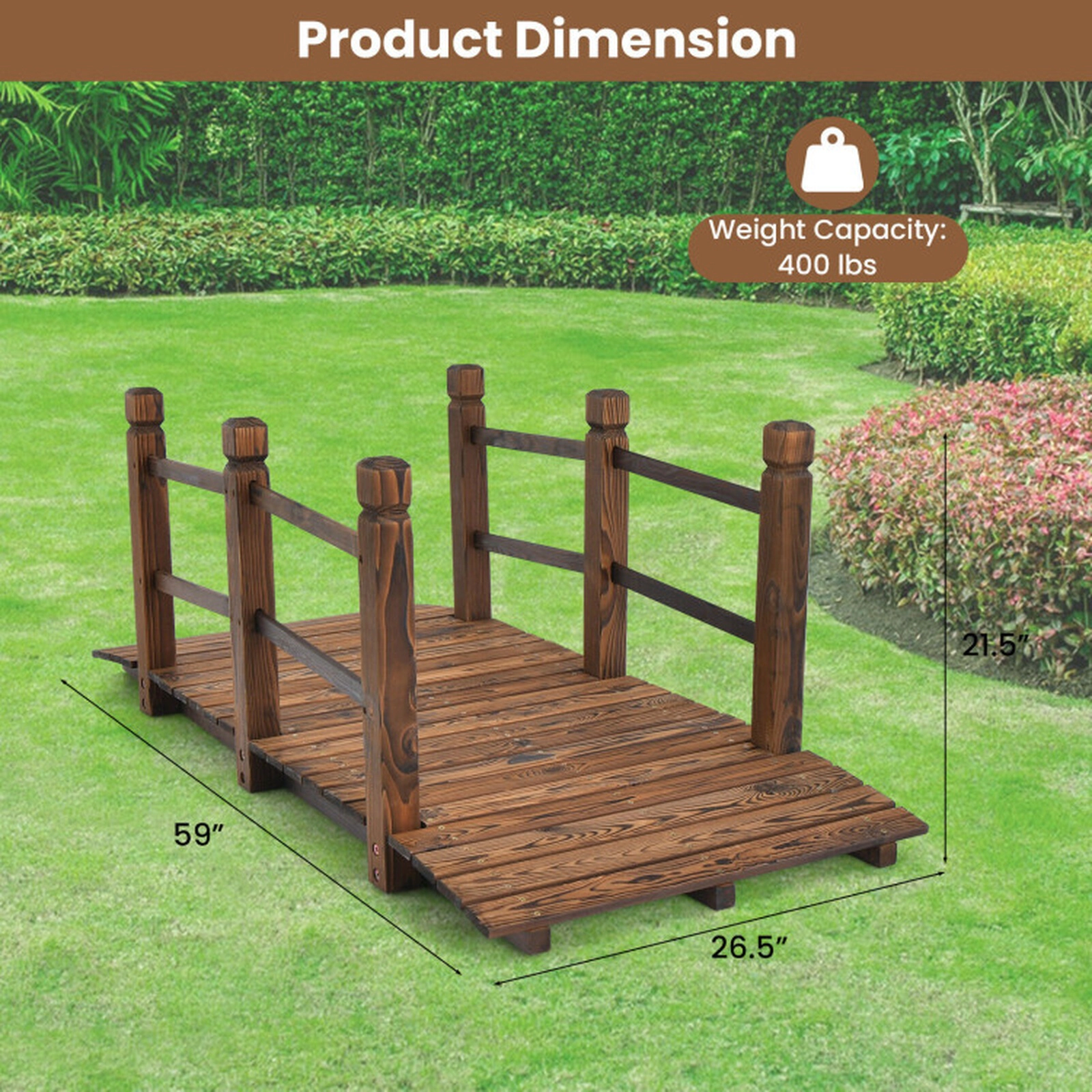 SUGIFT 5-Foot Fir Wood Garden Bridge with Safety Rails 400-lb Capacity 59-in Long Natural Wood/Stained Wood 1-Pc