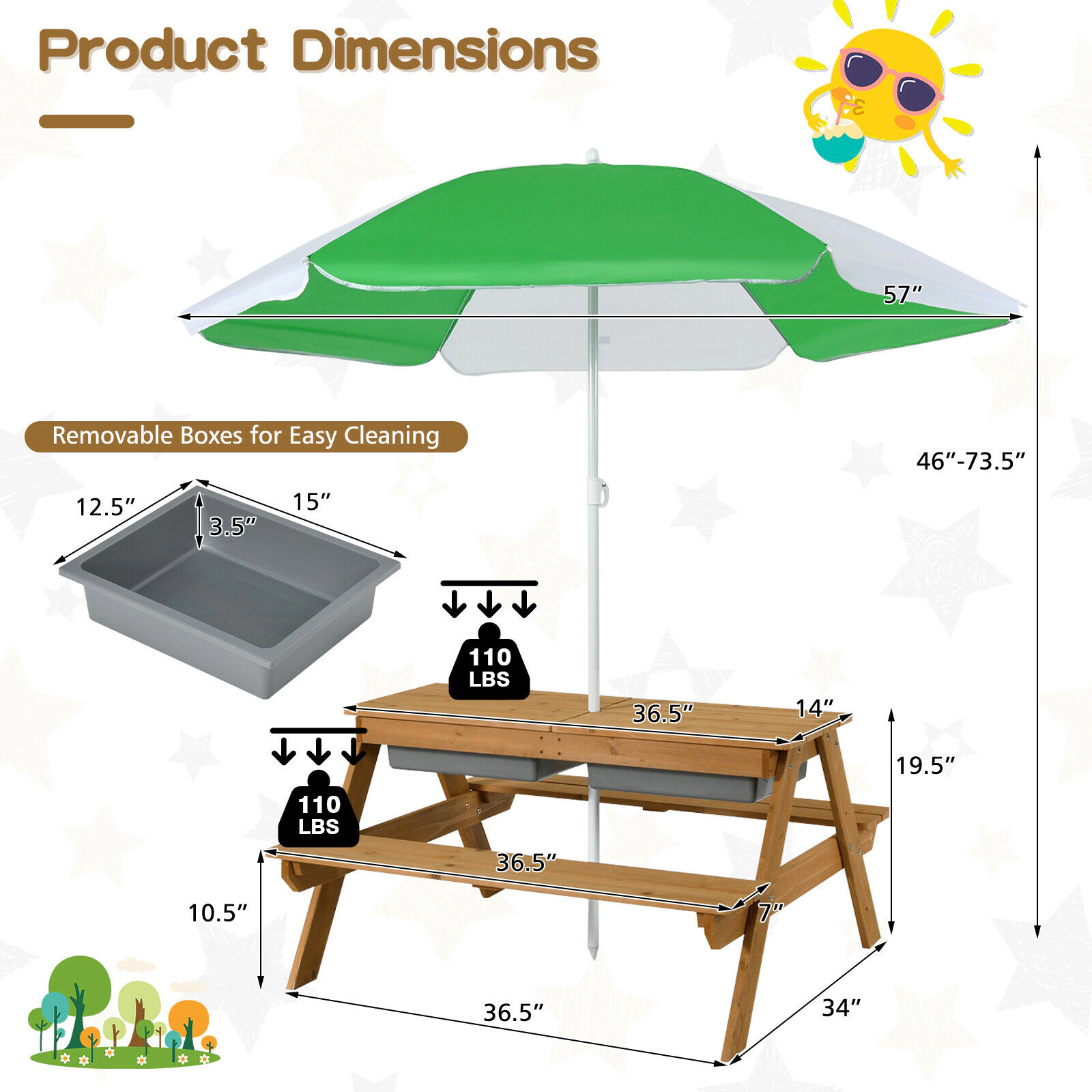 SUGIFT 3-in-1 Kids Outdoor Picnic Water Sand Table and Bench Set with Umbrella 110-lb Tabletop Capacity Ages 3-7 Green